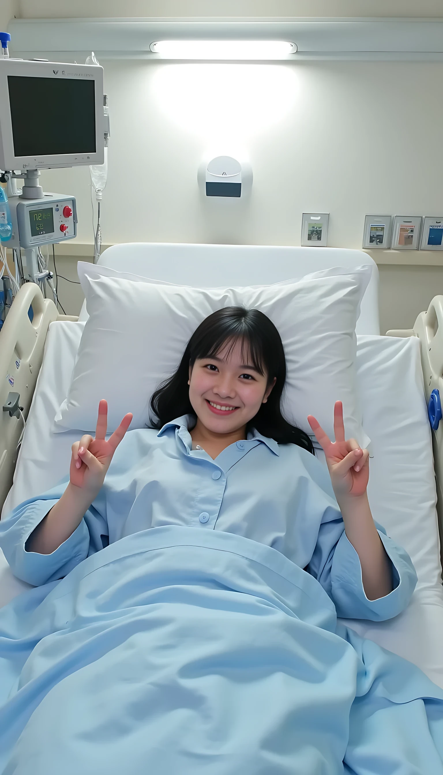 she is wiith black hair is lying on a hospital bed in a brightly lit hospital room. She is wearing patient robes and making a cheerful victory sign with her hand. The room is equipped with modern medical devices, including monitors and IV stands, giving a clean and professional atmosphere. Her expression radiates hope and resilience. The soft glow from the overhead lighting casts a warm and calming ambiance in the room, highlighting her gesture and the advanced medical setup around her.
