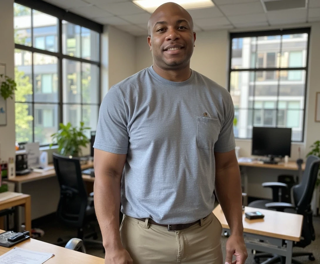 All glass office , t shirt and khakis,  same face of Carter with bald head, lean look, cstmdl