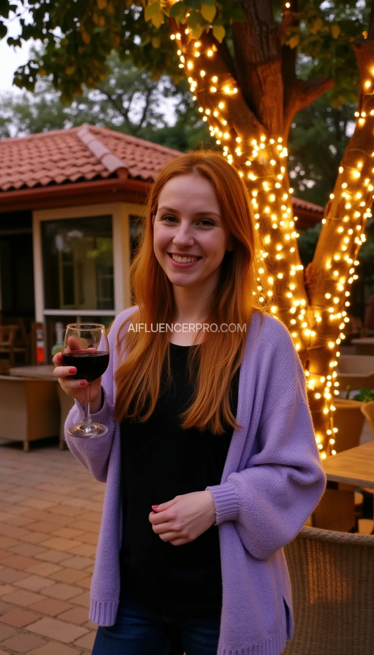 A full body shot photo of a woman standing outdoors at a cozy, warmly lit patio in the evening, with soft, glowing lights wrapped around a tree behind them creating a charming atmosphere. The image is rich in detail, with warm tones and clear textures throughout. The woman has fair skin, a slim build, and long reddish-blonde hair, also worn loose. She is smiling warmly at the camera, holding a glass of red wine in her right hand, and wears a soft-textured lavender cardigan over a black top. The background features a large tree with sparkling string lights wrapped around its trunk and branches, adding a magical touch to the scene. The setting suggests a private outdoor seating area, with elements like terracotta-tiled roofing, greenery, and rattan chairs contributing to a serene, inviting vibe. The overall composition is balanced, with the woman framed against the softly glowing tree, and the lighting enhances the warm, intimate feel of a quiet evening shared among friends. The details are vivid, with textures of clothing, skin, and background elements clearly visible, while the warm lighting creates a relaxed and joyful mood