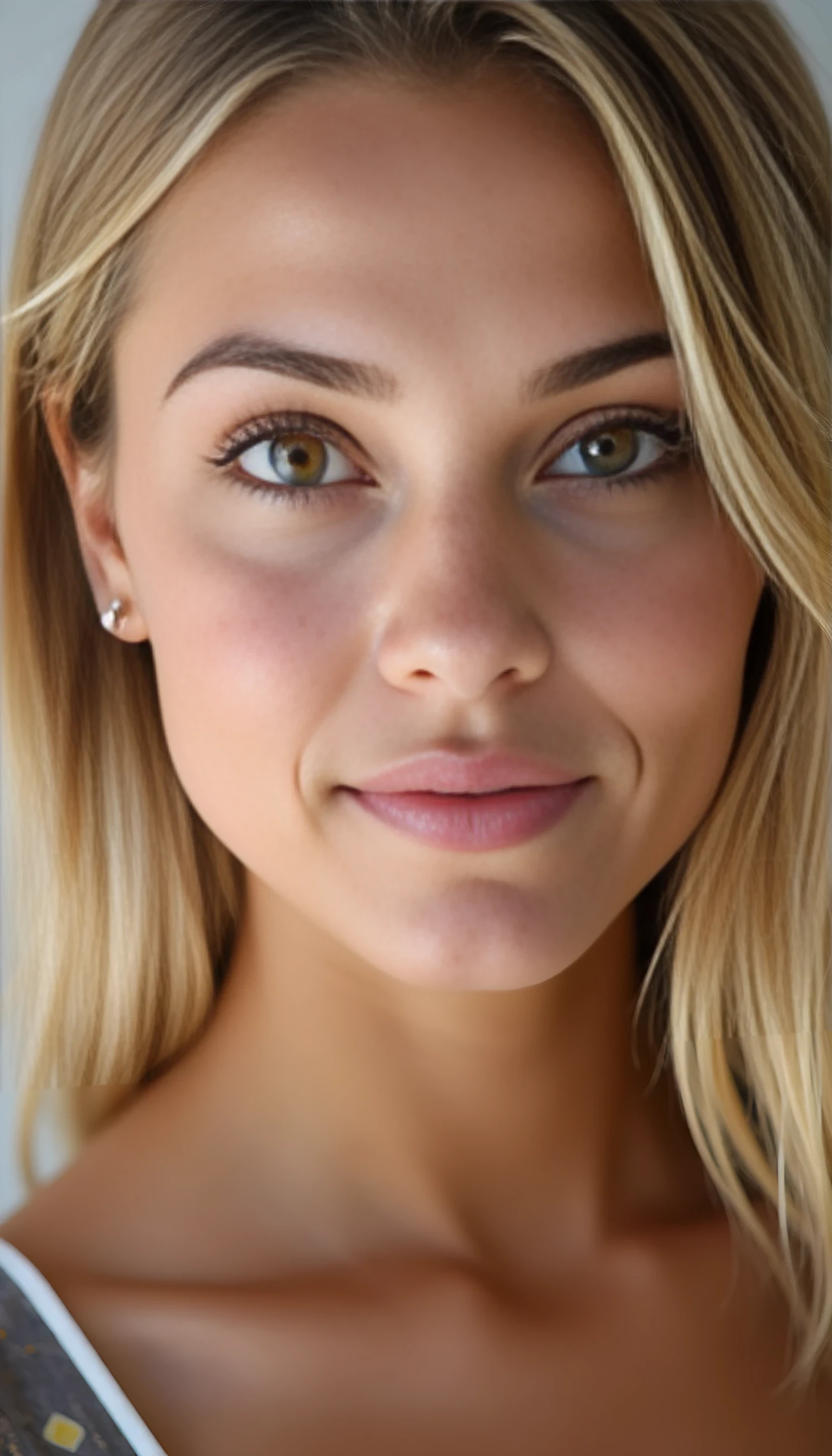 A portrait photo of a beautiful 20 years old woman, mixed ethnicity of half white American half Brazilian, with blonde hair, ultra detailed eyes with sharp iris reflections, slight smile, high-quality