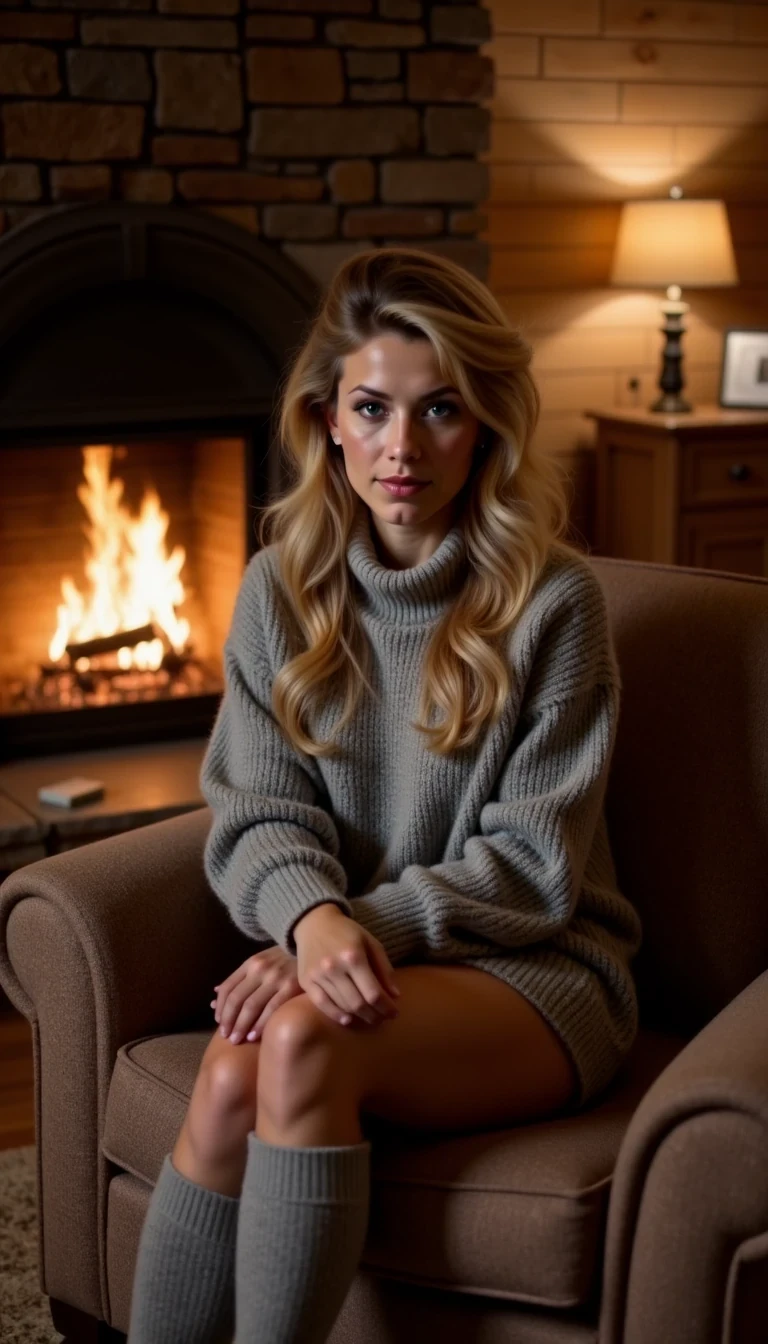 Cstmdl in A thick wool Turtleneck sweater and thigh-high socks, sitting next to a fire, in a cabin