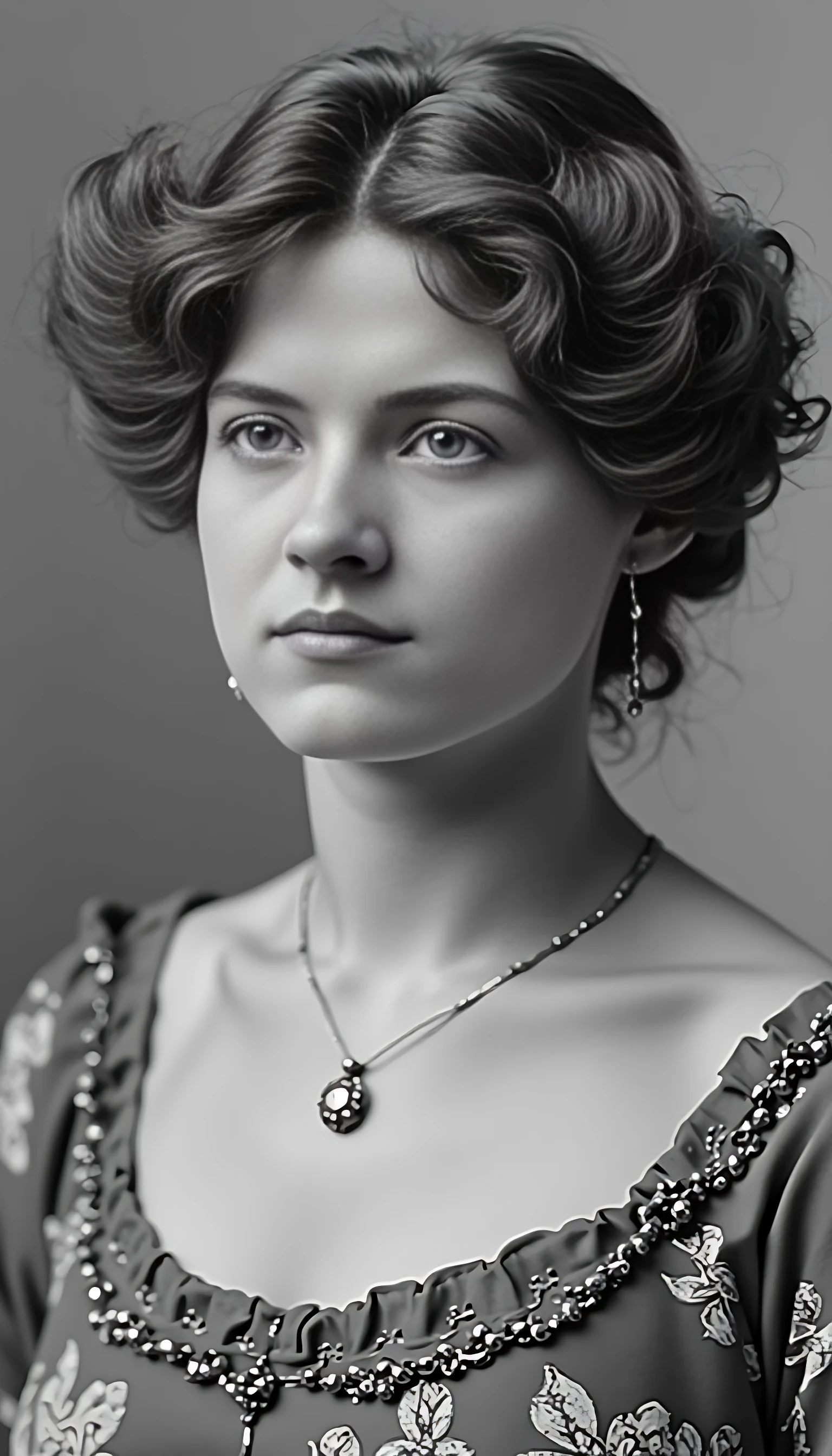 Black and white old worn photography of woman CSTMDL, brunette, ice blue eyes, cold smile, 1900 gala robe, small pendant and jewellery, 1900 haircut