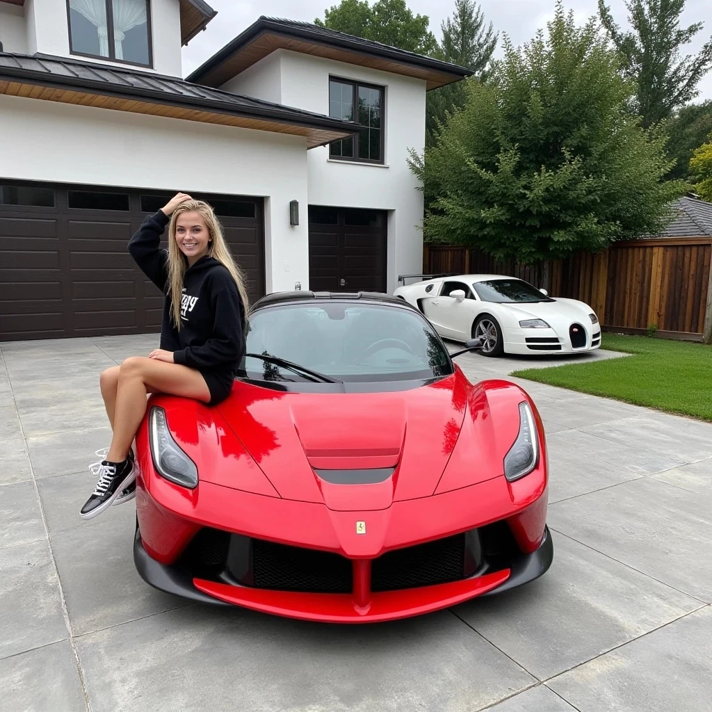 A photograph features a young woman with long soft blonde hair, a fit physique and tan skin, wearing a black hoodie, black shorts, and black-and-white sneakers. She sits on the hood of a red Ferrari LaFerrari, one hand resting on her head, smiling. The car is parked in front of a massive luxury modern house with two closed garage doors and one open with a white Bugatti Veyron parked inside, there is a wooden fence and lush greenery surrounding the property.