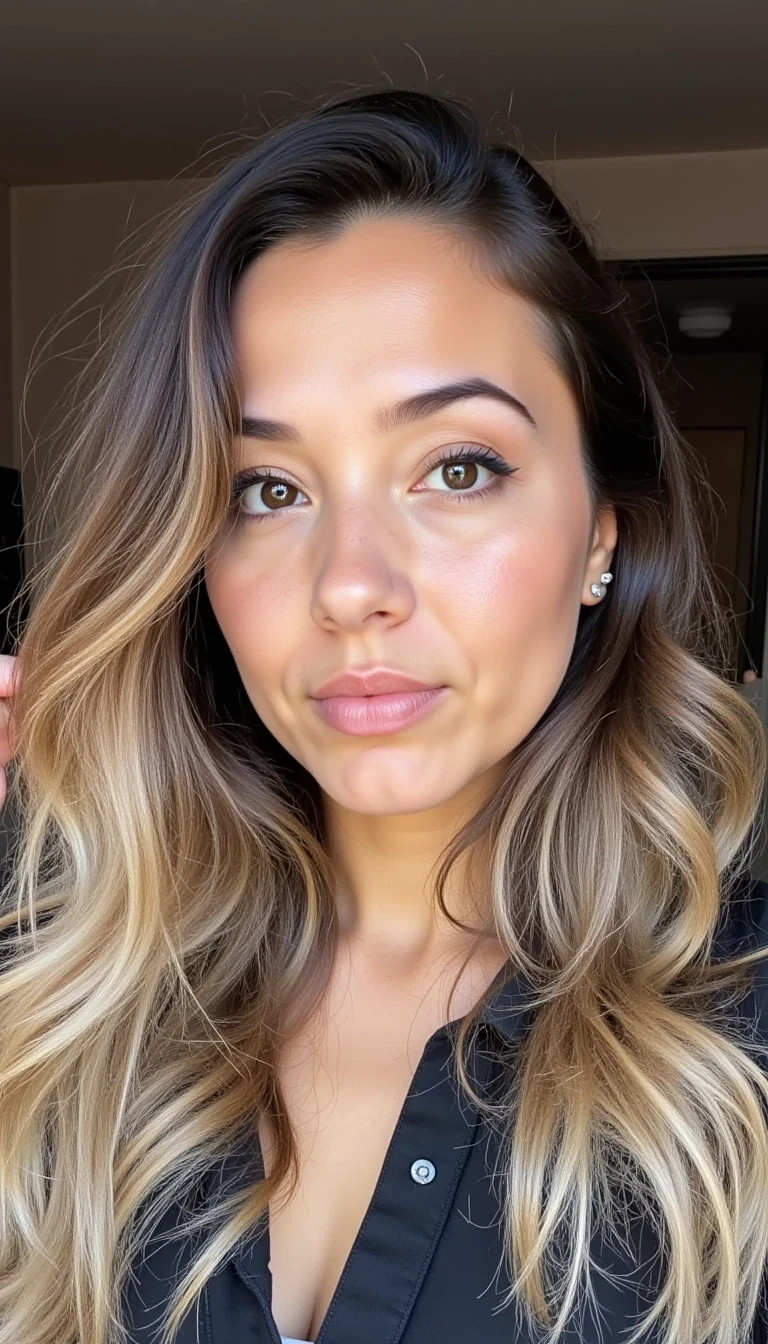 A portrait of a woman with long, curly hair that has a striking color contrast between dark brown and platinum blonde highlights. Her hair is styled with the blonde streak on one side, cascading in soft curls. She wears subtle makeup with defined eyebrows and a natural lip color. Her expression is neutral, and she wears small, dangling earrings. The background is a muted indoor setting with soft lighting that adds warmth to the image.