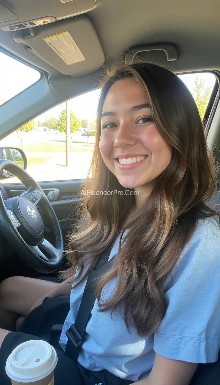 boring low quality snapchat photo circa 2015, A young woman with a warm smile, sitting in the driver's seat of a cozy car. She has soft, wavy brown hair cascading past her shoulders. The sunlight streams through the window, casting a gentle glow on her face. The interior of the car is neat and comfortable, with a coffee cup in the cup holder and a small plant on the dashboard. She has gigantic breasts that are far too large for her tiny body. 
