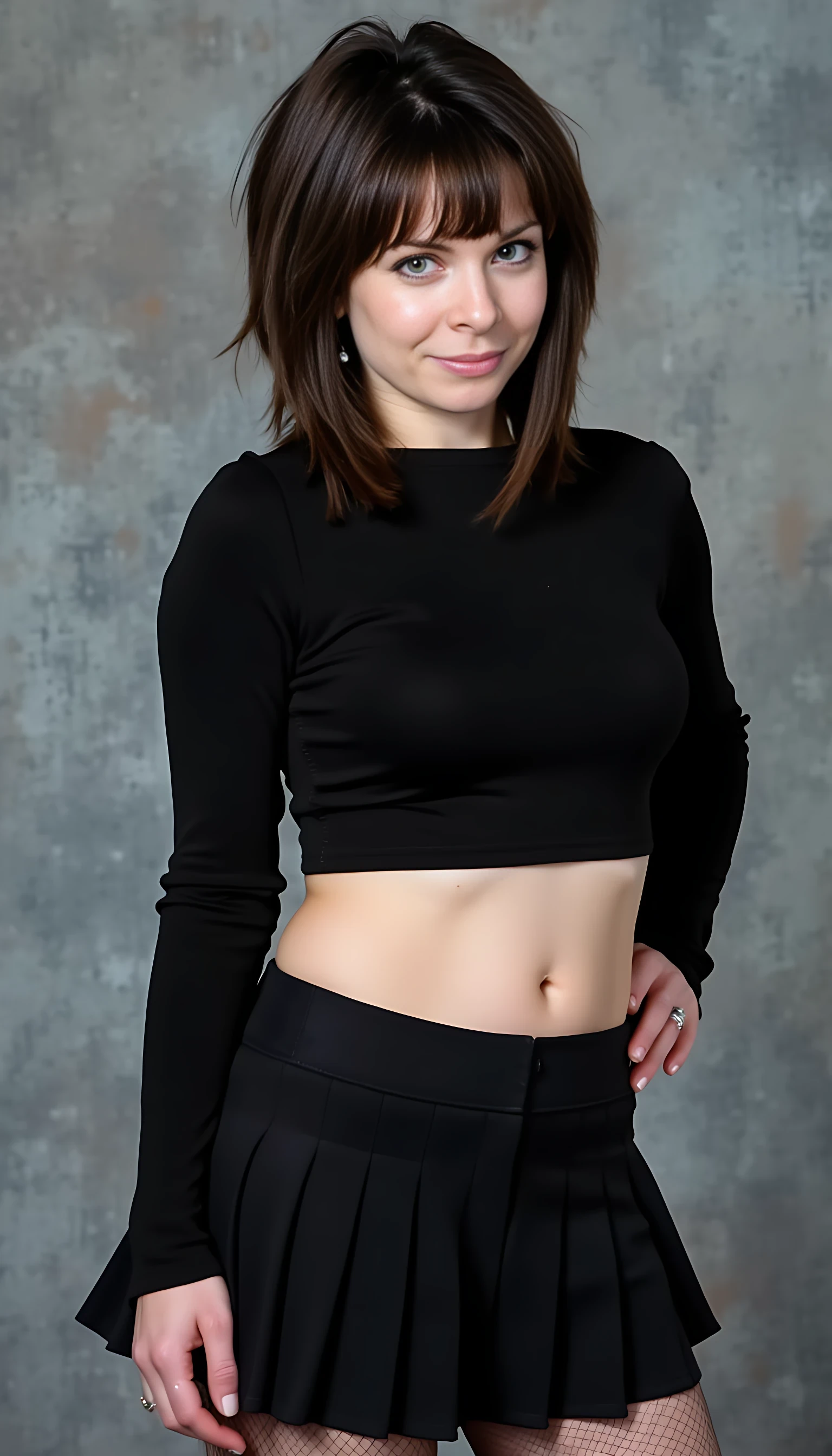 This is a highly detailed photograph of a  woman CSTMDL, standing against a muted, textured background that transitions from a light gray to a darker gray. She has blue eyes, a light skin tone and is depicted with a confident, slightly provocative expression. Her hair are brunette, styled in a tousled, shoulder-length bob that frames her face.

She is wearing a black, long-sleeved very tight crop top that exposes her midriff, and molds her generous chest, with large natural breasts, and paired with a short, pleated black skirt that reaches just above her thighs. She doesn’t wear a bra under a crop top, and we can see her erected nipples. Her legs are clad in sheer black thigh-high stockings, and she wears high-heeled, black platform boots with buckles. Under her very short skirt, we can see a black thing. Her outfit is minimalist yet edgy, with a focus on black. 

The overall style of the photograph is realistic with a touch of fantasy, featuring smooth, blended colors and detailed shading that accentuate the contours of her body. The composition is balanced, with her standing with one leg slightly forward, giving a sense of movement and dynamism. The background is simple and neutral, ensuring that the focus remains on the subject. The photograph captures a blend of modern fashion and bold, individualistic style.