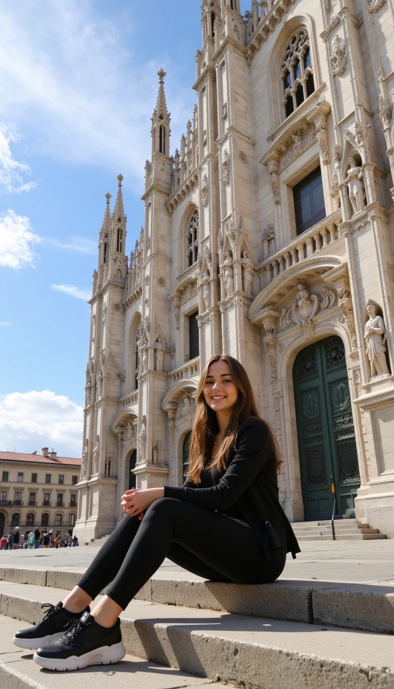 A vibrant scene featuring a young woman with long hair, sitting gracefully on the steps of the grand Duomo di Milano, a Gothic cathedral known for its intricate façade and towering spires. The woman is dressed in a black outfit, paired with stylish sneakers, exuding a casual yet trendy vibe. The sunlight bathes the scene in a warm glow, accentuating the cathedral's detailed stonework and ornate sculptures. The background showcases the cathedral's ornate doors and towering arches, while the sky is a brilliant blue with wispy clouds, enhancing the contrast. Compositionally, the image balances the subject on the left with the architectural grandeur filling the right, creating a dynamic visual flow. The use of natural lighting contributes to a relaxed, inviting atmosphere, perfect for a moment of leisure in an iconic setting. Technical aspects include a sharp focus on the subject while maintaining the impressive details of the cathedral, highlighting the contrast between the contemporary fashion of the subject and the timeless beauty of the historic architecture.