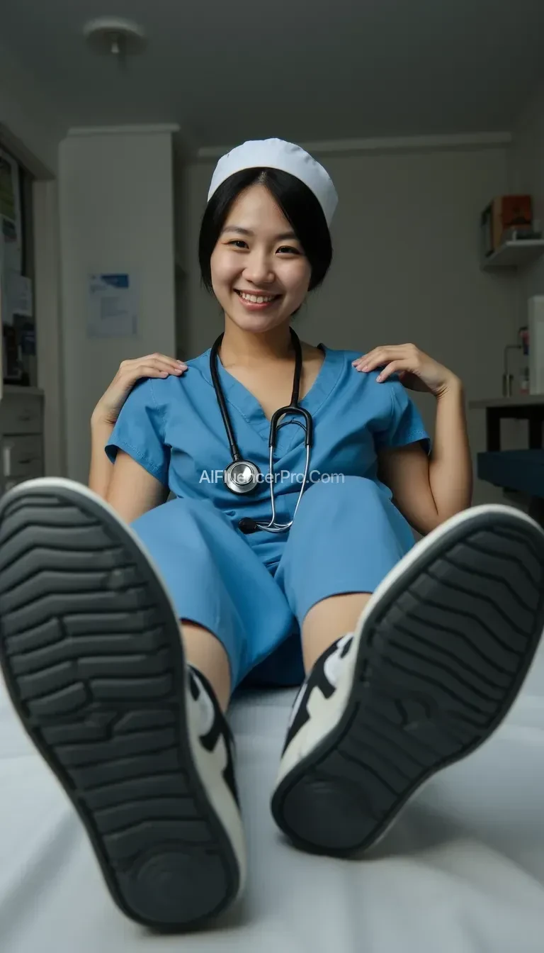 a korean nurse in scrubs and a white cap sits tmhuzfhcgp8xgpz0lr853b5r