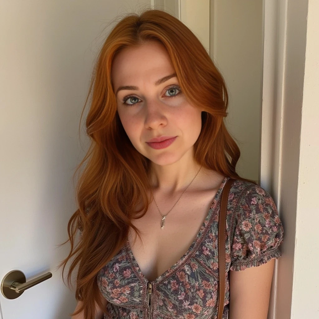 boring low quality snapchat photo circa 2015, cute french red headed woman, soft light brown hair, full outfit