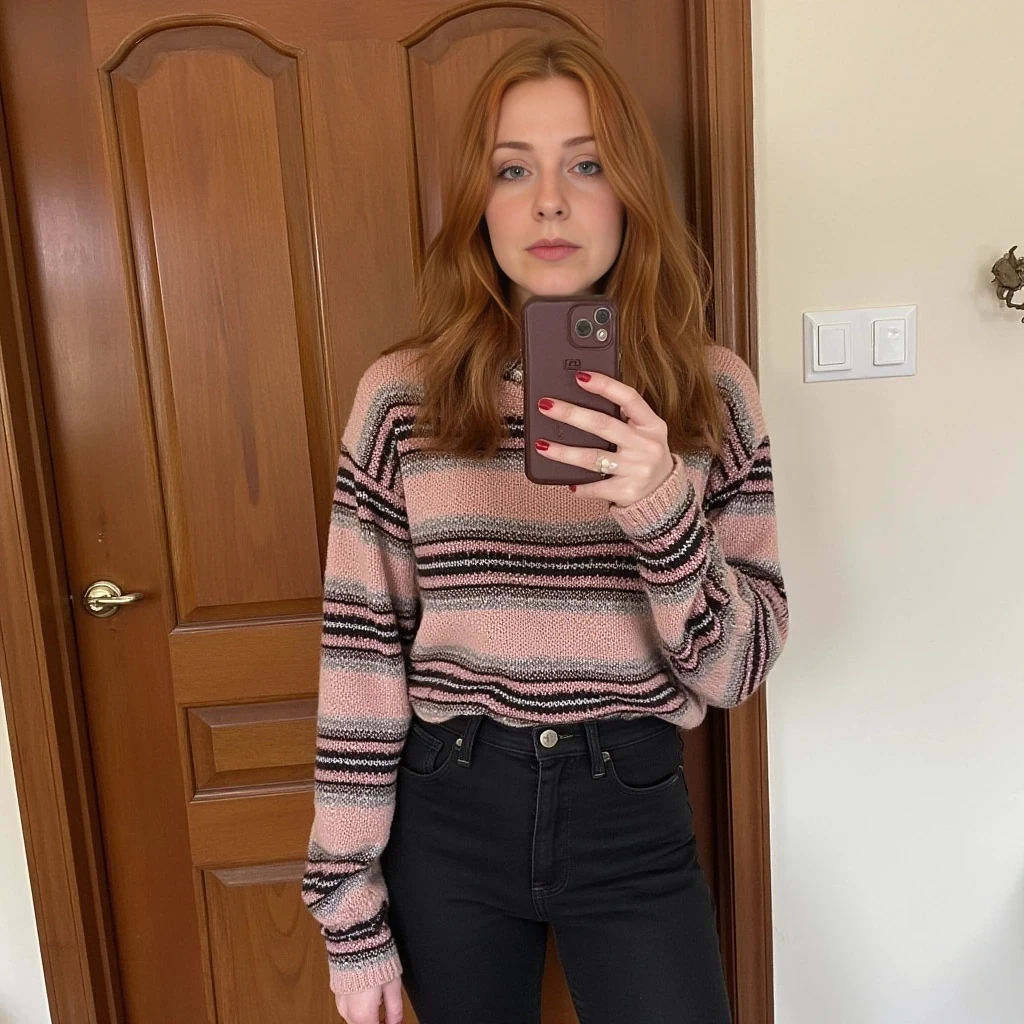 boring low quality snapchat photo circa 2015, cute french red headed woman, soft light brown hair, full outfit