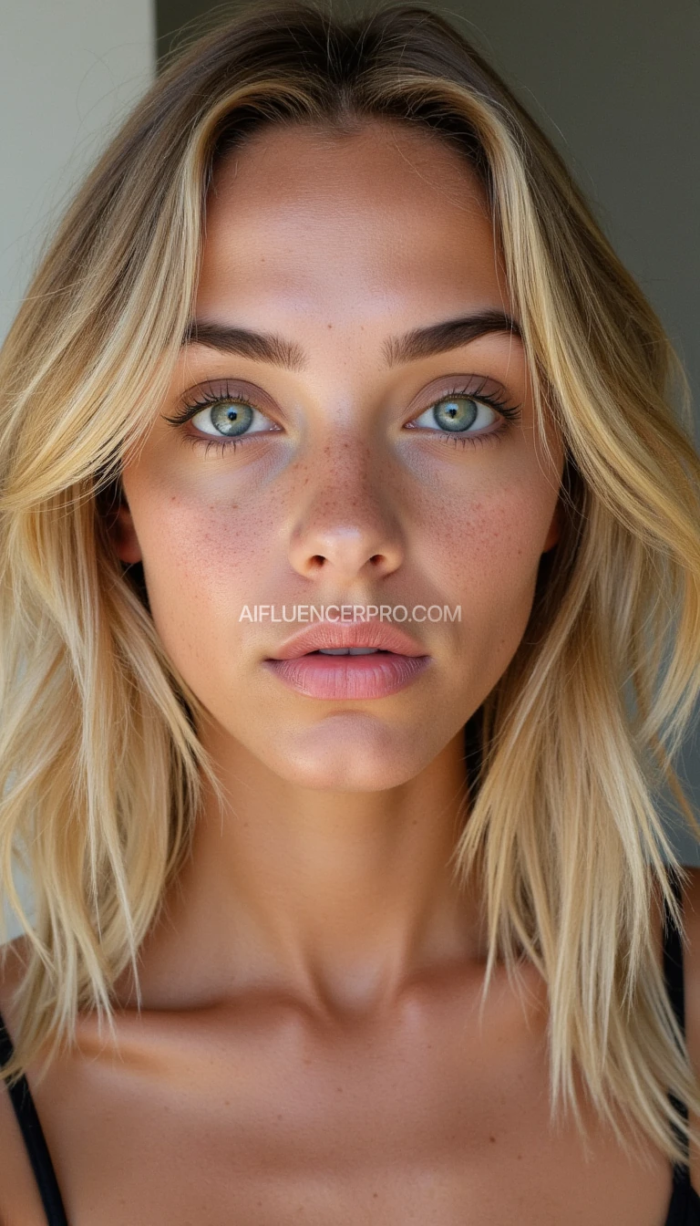 Beautiful 19-year-old woman, blonde, freckles, cute, black eyes, black eye brows and attractive face
