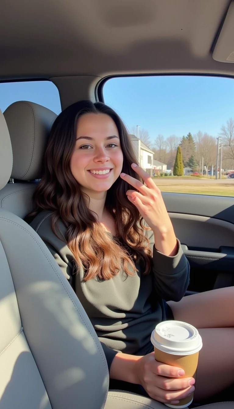 boring low quality snapchat photo circa 2003  CSTMDL A young woman with a warm smile, sitting in the driver's seat of a truck . She has soft, wavy brown hair cascading past her shoulders. The sunlight streams through the window, casting a gentle glow on her face. The interior of the car is neat and comfortable, with a coffee cup in the cup holder The background outside the window shows a scenic road lined with trees and blue skies building 