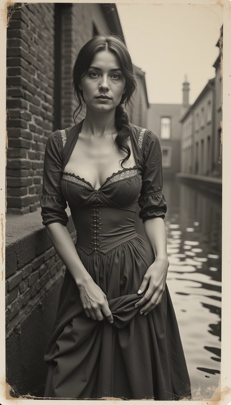 boring low quality snapchat photo circa 2015, black and white polaroid picture of a woman in victorian era. She is wearing victorian era’s dress with opened top showing her bare chest. She is in a water canal doing her laundry.