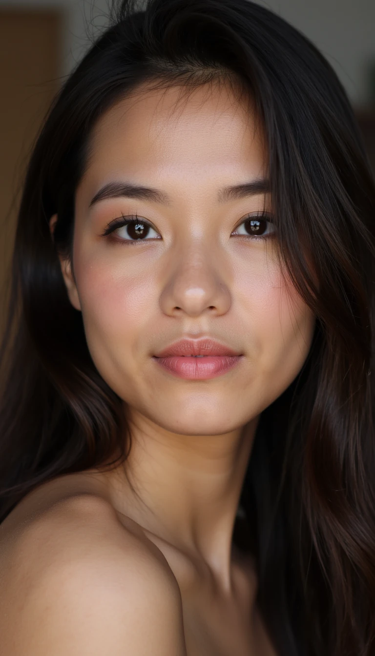 boring low quality snapchat photo Realistic portrait of a young woman with smooth skin, soft features, and a calm expression. She has long, dark hair, natural makeup, full lips, and expressive eyes with long lashes. Her face is well-lit with soft lighting, and the background is slightly blurred to keep focus on her face. High detail, natural texture, lifelike skin tones