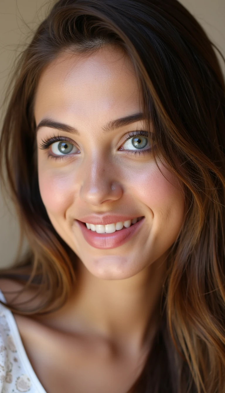 close-up of a feminine woman with big soft blue eyes, long dark lashes, defined cheekbones, wavy brown hair cascading over one shoulder, sensual yet innocent expression, slightly open lips, natural glossy skin texture, shot in soft afternoon window-light with shallow depth of field, polish girl, three-quarter angle, gentle smile, chin slightly down, pastel beige seamless backdrop





