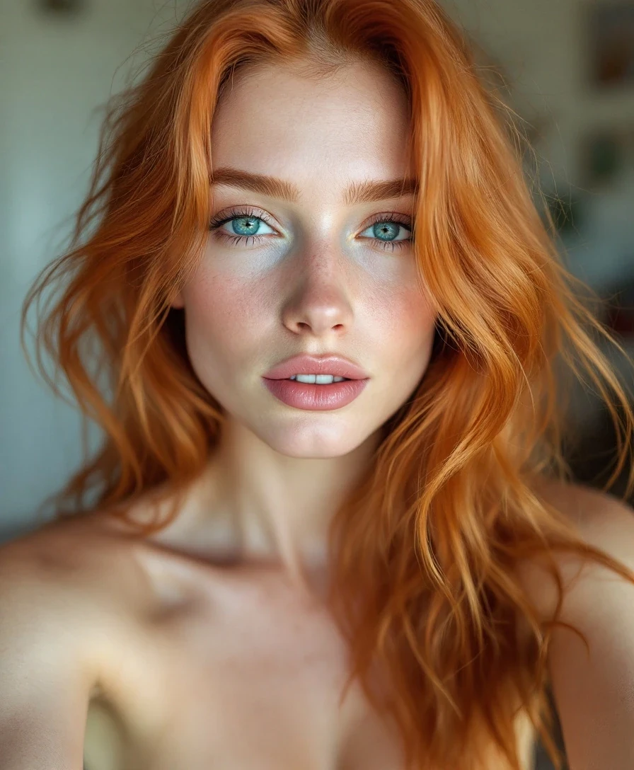 sexy white ginger female model, face selfie, shoulders and head image, long ginger hair