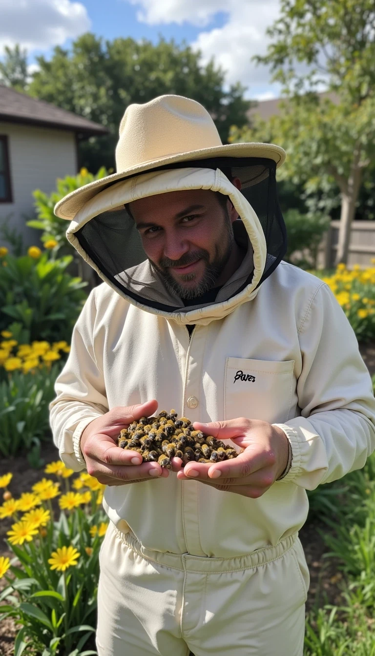 Samuel is outside in the garden. You can clearing see him kissing bees on the mouth. Thousands of bees

