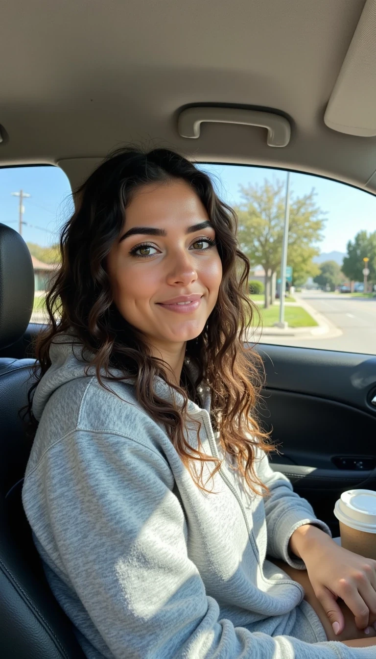 boring low quality snapchat photo circa 2015, A young woman with a warm smile, sitting in the driver's seat of a cozy car. She has soft, wavy brown hair cascading past her shoulders. The sunlight streams through the window, casting a gentle glow on her face. The interior of the car is neat and comfortable, with a coffee cup in the cup holder and a small plant on the dashboard. The background outside the window shows a scenic road lined with trees and blue skies