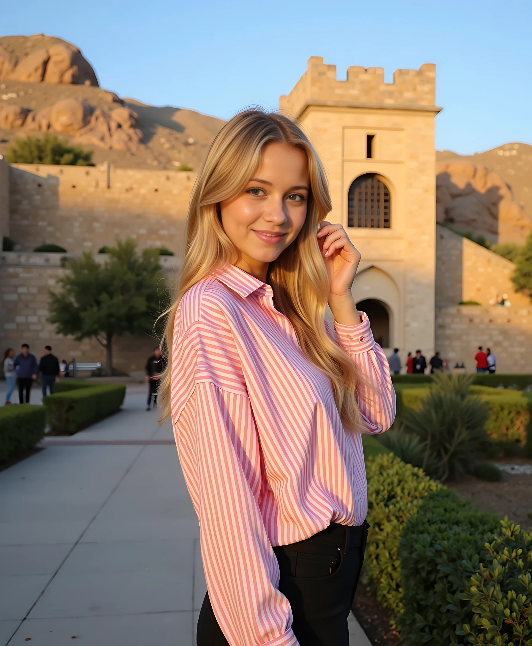medium shot of CSTMDL, An 18-year-old girl with blonded hair and blue eyes, lightly tanned skin, extremely detailed skin, clean face, she is 4.9 feet tall, natural C boobs cup UNDER clothes, The body has a highly defined hourglass shape.

Sharp focus on facial features, High dynamic range, 85mm lens look

The girl is standing outside in a relaxed pose, facing the camera with her body slightly turned to the side. She is smiling warmly and has one hand raised to gently touch her hair. Her long, voluminous blonde hair cascades over her shoulders in soft waves. She is wearing a loose pink-and-white striped shirt tucked casually into high-waisted black pants. The shirt's oversized fit and vertical stripes give it a stylish, effortless look.

She is outdoors during golden hour, bathed in soft sunlight. The background features a historic stone structure with a few people walking around, hinting at a popular tourist location. The sky is clear and blue, and the area is surrounded by trimmed bushes and natural rock formations, adding a scenic and warm atmosphere to the shot.