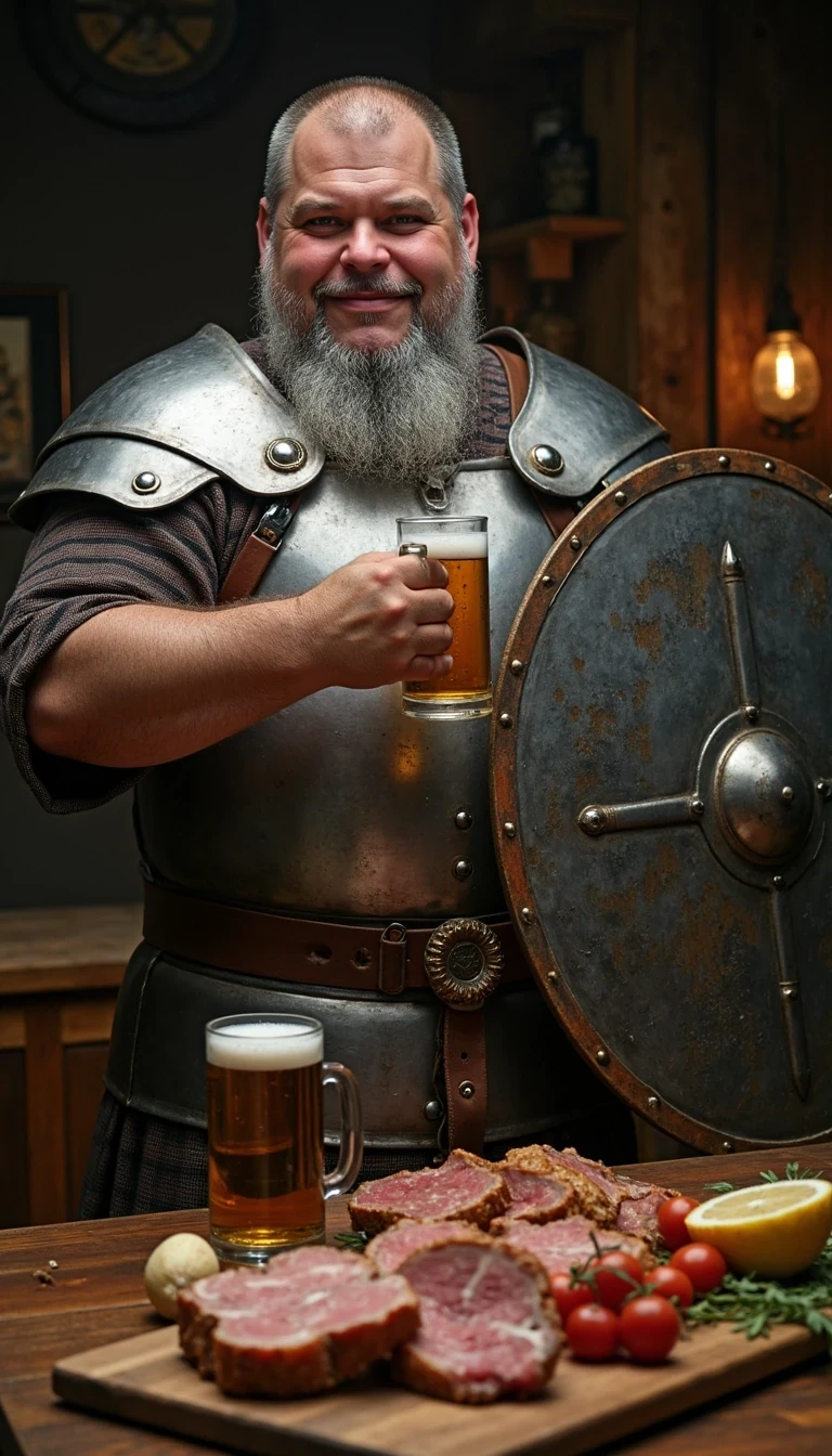 CSTMDL as grey bearded Viking with a stylish viking silver shiny Plate armour , standing beside a table full of meat , beer and wine , and he hold a Wooden Mug full of beer, forward with the left hand,  in his right hand he hold high a typically fine ornated metal Viking shield 
