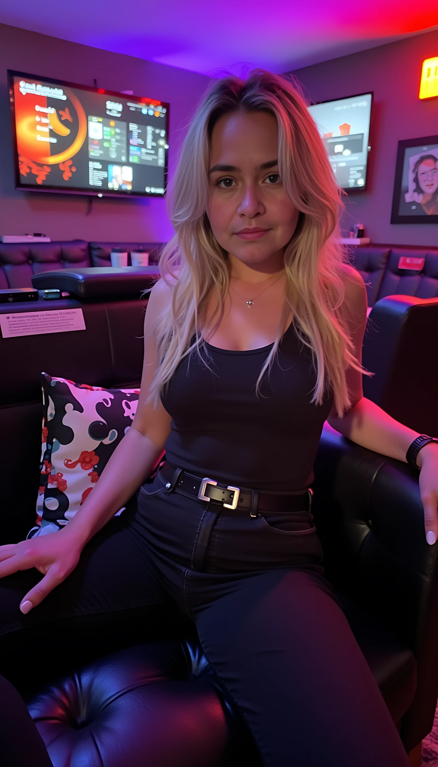 Man full average body with a beautiful blonde woman with blue eyes seating on his lab and a couch  with a night club background 