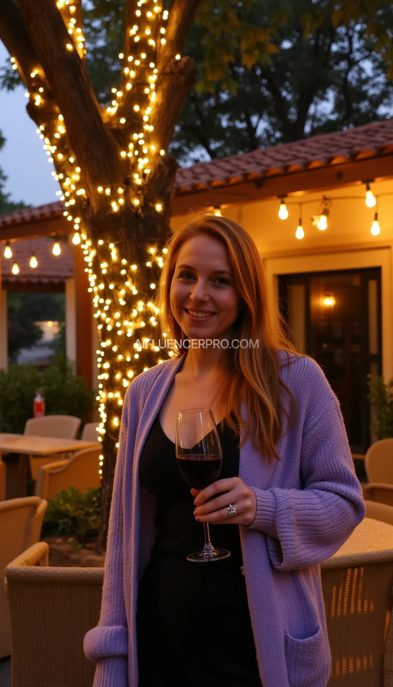 A full body shot photo of a woman standing outdoors at a cozy, warmly lit patio in the evening, with soft, glowing lights wrapped around a tree behind them creating a charming atmosphere. The image is rich in detail, with warm tones and clear textures throughout. The woman has fair skin, a slim build, and long reddish-blonde hair, also worn loose. She is smiling warmly at the camera, holding a glass of red wine in her right hand, and wears a soft-textured lavender cardigan over a black top. The background features a large tree with sparkling string lights wrapped around its trunk and branches, adding a magical touch to the scene. The setting suggests a private outdoor seating area, with elements like terracotta-tiled roofing, greenery, and rattan chairs contributing to a serene, inviting vibe. The overall composition is balanced, with the woman framed against the softly glowing tree, and the lighting enhances the warm, intimate feel of a quiet evening shared among friends. The details are vivid, with textures of clothing, skin, and background elements clearly visible, while the warm lighting creates a relaxed and joyful mood