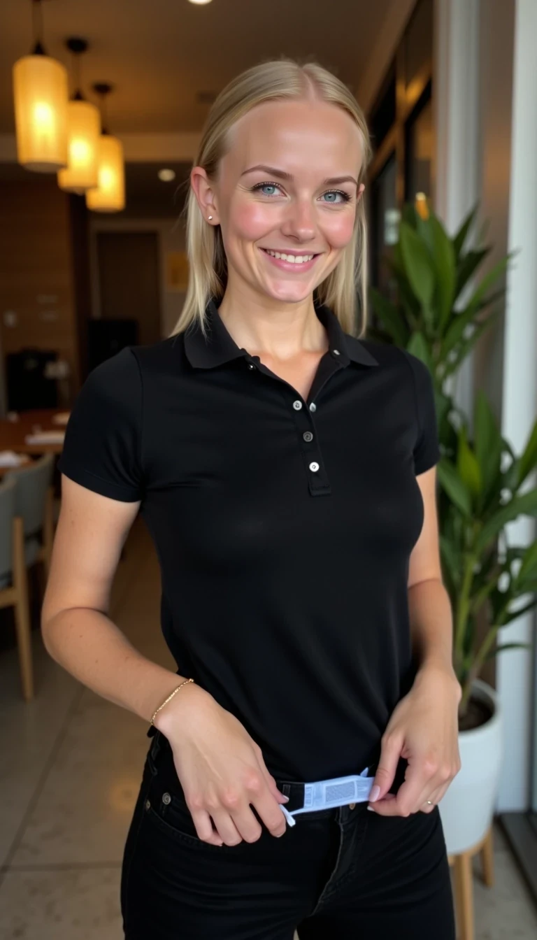 CSTMDL, Hailey, A photorealistic portrait of a young woman in her early 20s with fair porcelain skin, smooth complexion, subtle natural makeup with soft pink lips and light eyeliner, straight blonde hair tied back in a neat ponytail, bright blue eyes sparkling with warmth, friendly genuine smile revealing straight white teeth, confident and approachable demeanor, gazing directly at the viewer with engaging eye contact; she is wearing a fitted black short-sleeved polo shirt, tucked into slim black pants, no visible accessories; she is pulling a string of her light blue colored panties under her pants. set in a modern upscale restaurant bathroom interior with high ceilings, warm ambient hanging pendant lights with golden glow in the background; dominant colors are neutral blacks and grays with pops of green foliage, warm wood tones; composition is a medium close-up shot from a slight low angle to emphasize approachability, framed centrally with balanced symmetry, captured with a Canon EOS 5D Mark IV camera using a 50mm prime lens at f/2.8 aperture for shallow depth of field, ISO 100 for crisp details, natural window lighting supplemented by soft indoor LEDs at 4000K color temperature, hyper-realistic textures like the soft cotton weave of the polo shirt, and smooth skin pores; ultra-detailed, hyperrealism, photorealistic rendering indistinguishable from a high-resolution photograph, 8k resolution.