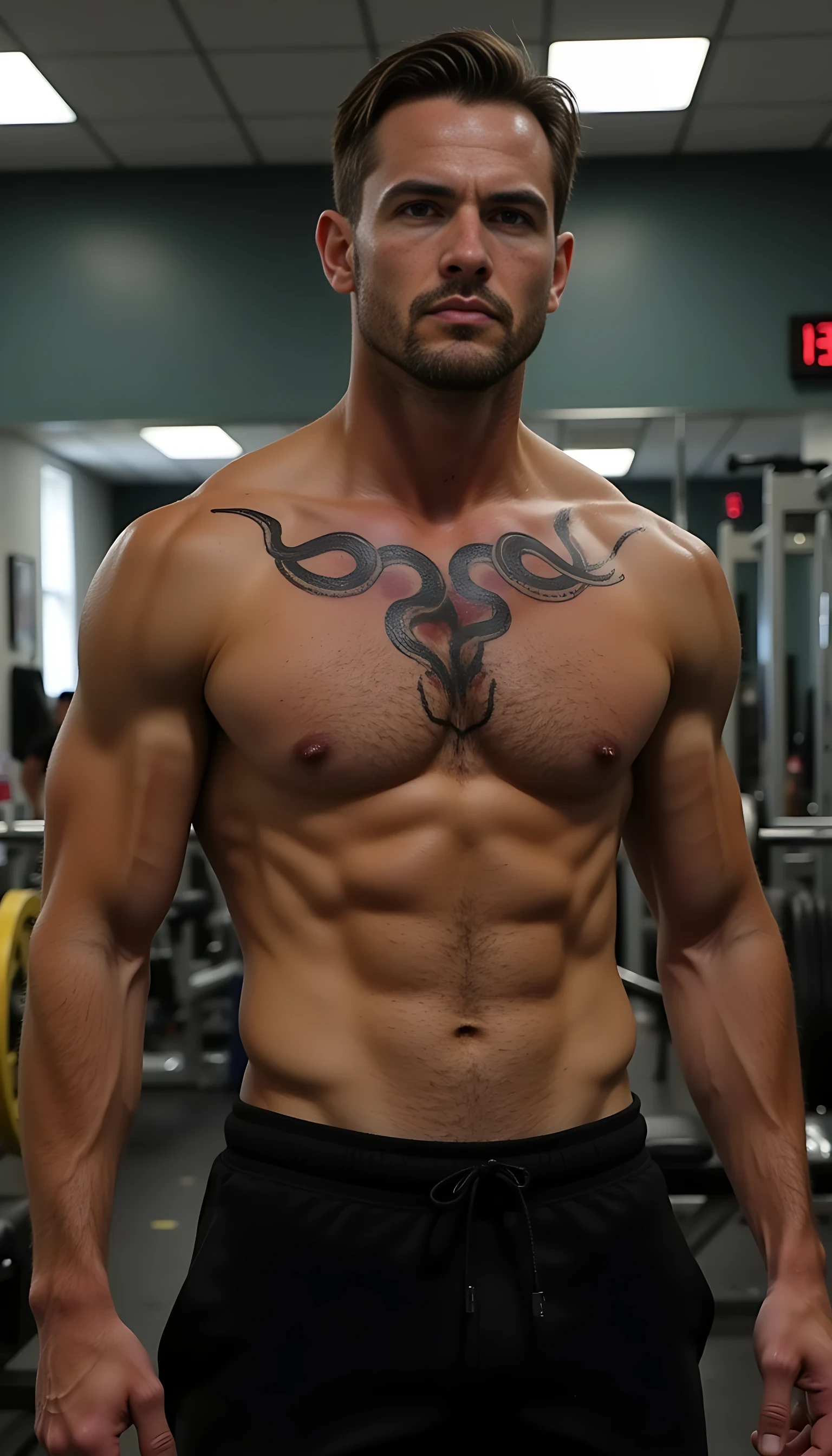 Kane Davenport, ruthless captain with tall athletic build and cold gaze, trains intensely in the university gym, shirtless to reveal his snake tattoo coiling around his torso, muscles rippling as he lifts weights, sweat dripping, focused determination on his face reflecting his inner turmoil and superiority complex.