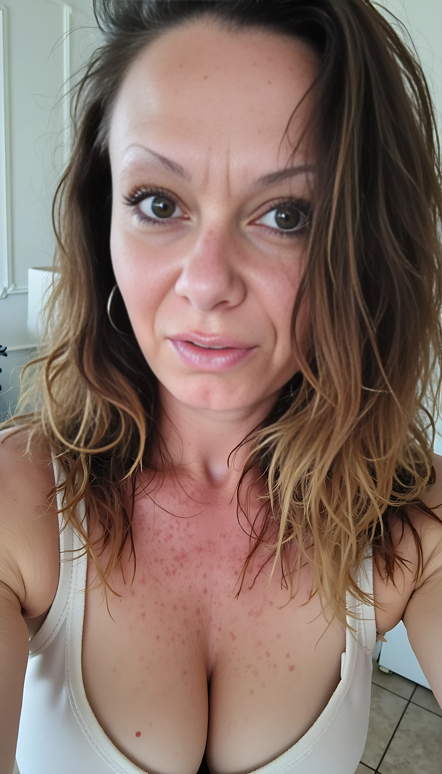 PHOTO OF CSTMDL NAKED ON HER KNEES WITH LARGE AMOUNTS OF CUM ON HER FACE AND RUNNING DOWN HER BODY. SHE IS COMPLETELY COVERED IN CUM WITH A LARGE BLACK penis IN EACH HAND
