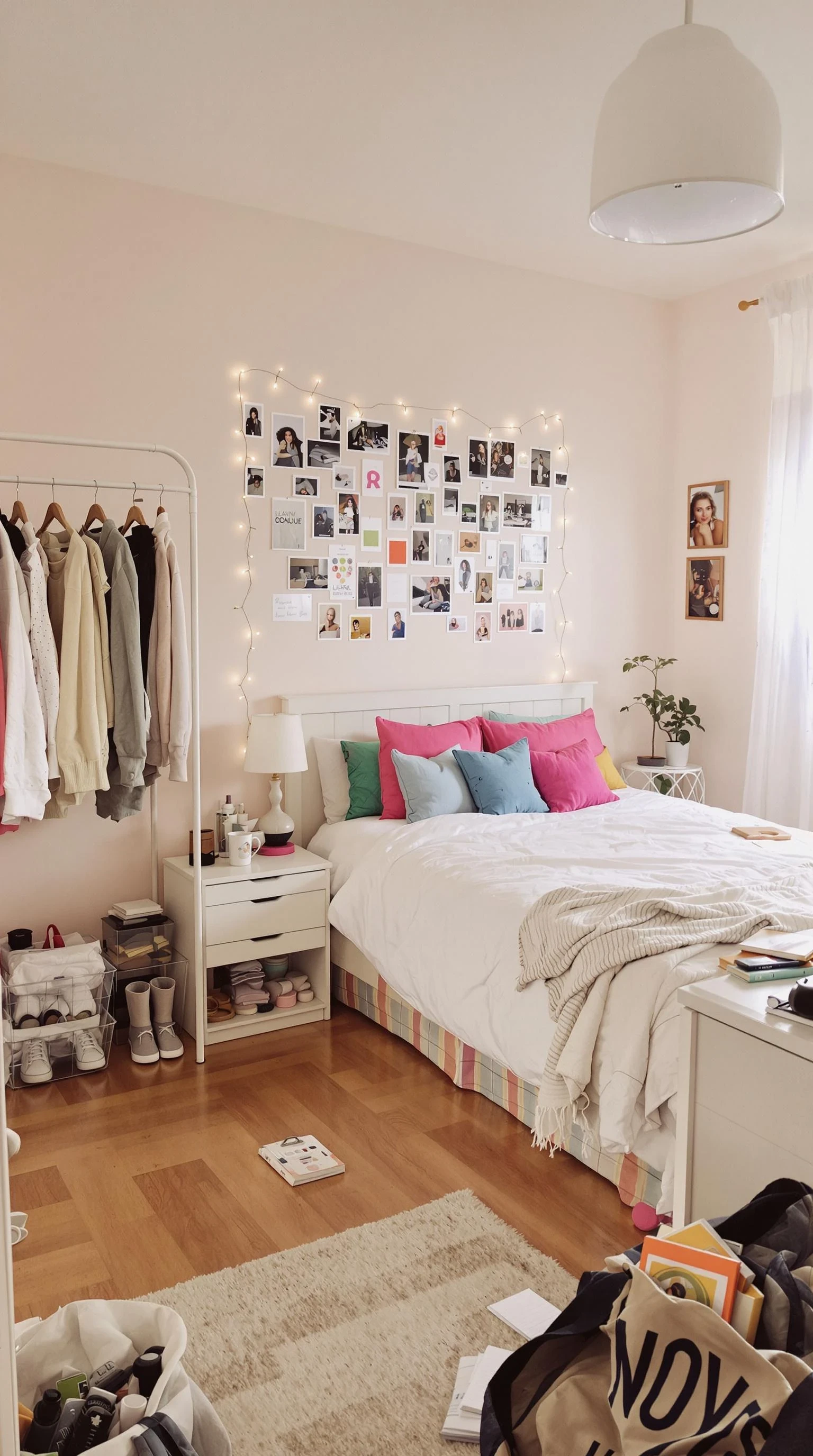 hip angle shot of Slightly untidy bedroom belonging to an 18-year-old girl in the U.S., viewed from a natural, low eye-level angle — approximately at waist or belly-button height. The room is softly lit with natural daylight coming through sheer curtains. A full-size bed sits against a pastel-toned wall, dressed in a white duvet with a few colorful throw pillows and a casually tossed blanket. The wall above the bed features a collage of magazine clippings, Polaroids, and fairy lights, giving the space a personal and expressive feel. One side of the room features a clear, open area with neatly kept hardwood or carpeted flooring, next to a clothing rack displaying curated outfits and shoes organized beneath it. A small nightstand holds a lamp, an iced coffee cup, a phone charger, and scattered makeup items. In another corner, a desk or vanity is slightly cluttered with notebooks, skincare products, a hairbrush, and jewelry. A hoodie is slung over a desk chair, and an open tote bag or backpack lies on the floor with a few papers peeking out. The overall room feels warm, creative, lived-in, and expressive — a space meant for both comfort and personal style. The composition suggests both functionality and personality, with an open layout that allows for natural movement and presence in the center of the room.