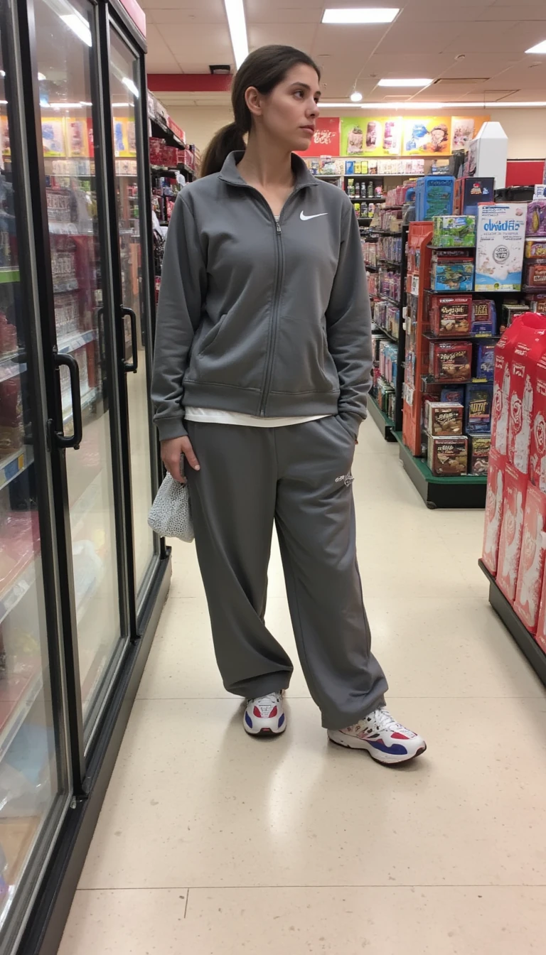 boring low quality snapchat photo circa 2015, standing inside a american corner story, ready to do some shopping, she is wearing a grey nike tracksuit, 