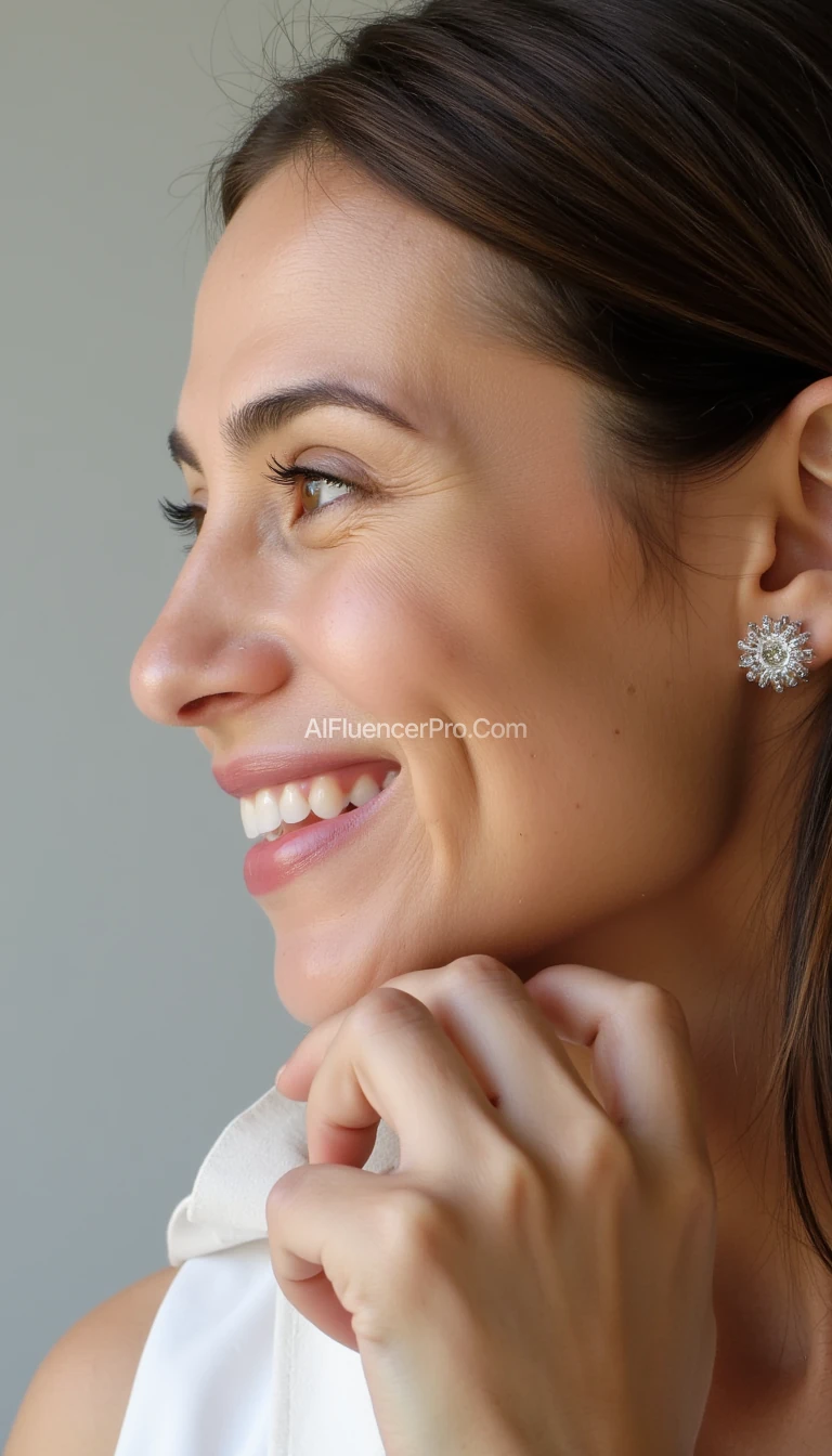 A high-resolution, close-up headshot of a woman with a happy smile, brown hair, in a profile view with a thoughtful expression. The background is a soft, neutral color to keep the focus on her face. The lighting is soft and even, highlighting her features beautifully. Seed: [746259039].
