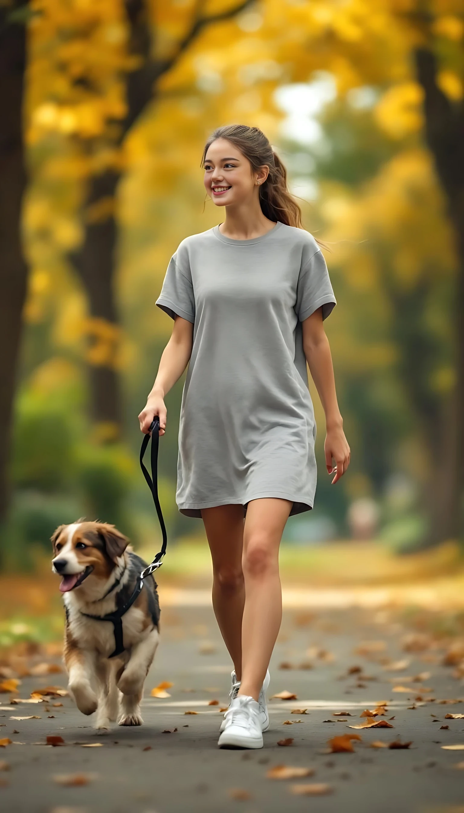 Girl in a light grey t-shirt dress with white sneakers, walking her dog through a leafy park, candid full-body photo with playful energy and real-life lifestyle setting.
negative prompt:  blurry, low resolution, low quality, distorted face, extra limbs, extra fingers, missing fingers, deformed hands, unnatural skin texture, overexposed, underexposed, bad anatomy, disfigured, mutated, duplicate face, fused limbs, exaggerated features, unrealistic eyes, anime style, cartoon, doll-like, glitch, watermark, text, logo, grain, noisy background, jpeg artifacts, lens distortion, fisheye,deformed hands, extra fingers, missing fingers, double face, bad anatomy, blurry face, disfigured, bad proportions, low quality, artifact, mutated limbs, asymmetrical eyes, face distortion, incorrect lighting, extra limbs, low quality, bad anatomy, disfigured, mutated, deformed, extra limbs, extra fingers, missing fingers, blurry face, ugly face, inconsistent face, bad hands, face distortion, body distortion, duplicate face, glitch, watermark, logo, text,no text,no watermark,no extra fingers no blurry face
