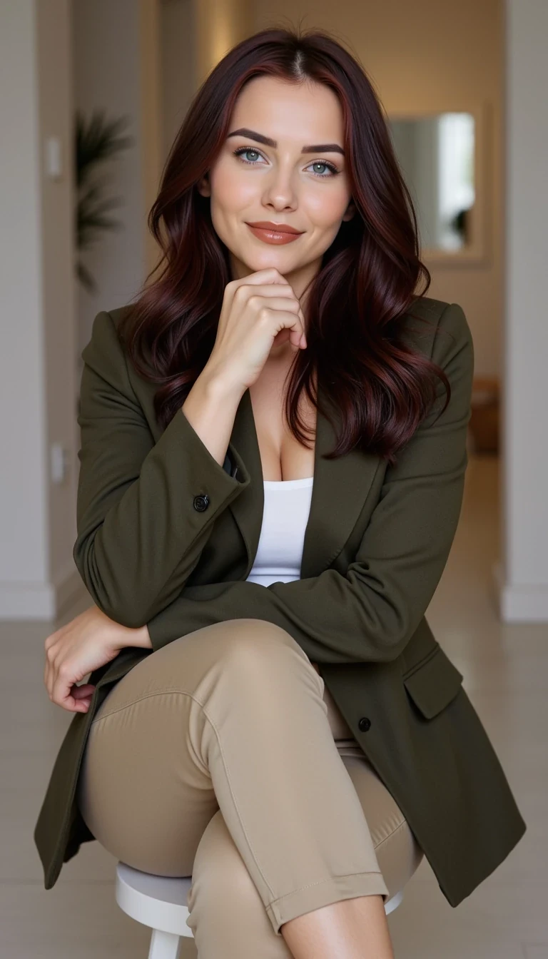 A full-body photo of CSTMDL, a 28-year-old woman, photographed by an amateur photographer. 

 She has thick, long, rubin reddish-black hair styled in soft, loose waves with a middle part, light blue-green almond-shaped eyes highlighted by long, dark eyelashes, dark brown full eyebrows with a gentle arch, prominent cheekbones, an oval and symmetrical face with delicate and harmonious features, and full, noticeably plump lips with a clearly defined Cupid's bow wearing glossy caramel lipstick. Smooth, matte skin with a light to medium, even tone, without visible imperfections. She smiles gently, without showing her teeth.

Sharp focus on facial feature, High dynamic range, 85mm lens look 

She has a pronounced hourglass figure with wide shoulders and full breasts, a narrow waist creating a strong contrast, and proportionately wider hips that balance her upper body. Her thighs and calves are slim and naturally tapered. Focus on realistic body proportions, natural posture, and detailed anatomy: 72 kg, 5,1 feet tall, narrow waist, proportionate wide shoulders and hips, slim legs.

She is wearing a chic olive green blazer over a fitted white top, paired with tailored beige trousers and stylish ankle boots.

She is sitting on a low stool, legs crossed at the ankles, with her right elbow resting on her knee and her hand gently touching her chin, while her left hand rests naturally on her lap, conveying a relaxed, confident, and approachable vibe.

Sharp focus on facial feature, High dynamic range, 85mm lens look 