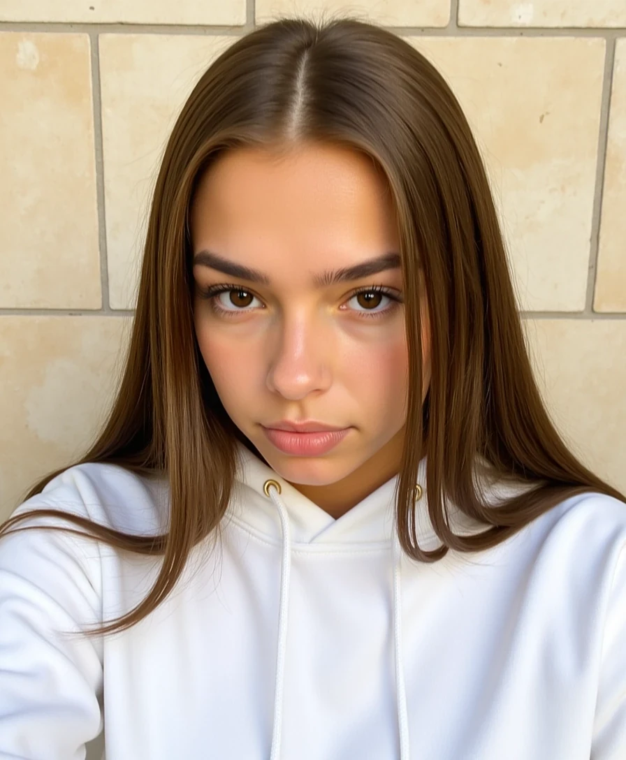 picture of a CSTMDL
Big tits. Large ass. No hip dips. Fit. Wide hips.
She is an 18-year-old girl with long, smooth, medium-dark brown hair (straight to slightly wavy), parted near the center. Her eyes are large, almond-shaped, and warm brown with full lashes and arched brows. She has an hourglass figure: height ~64 in, bust 36 in (28 in underbust), waist 24 in, hips 39 in. Bust is full and projected, waist narrow and flat, hips broad and rounded with lifted glutes. Thighs are full (~24 in), tapering to proportional calves. Arms are slim (~9 in upper arm), shoulders softly broad and balanced with hips. Neck medium, torso compact with a narrow ribcage, legs long relative to torso. Posture upright with mild anterior pelvic tilt. Skin is smooth, lightly tanned, and even-toned.
Scene/Background:
The photo is taken against a wall of light beige stone tiles with visible grout lines, creating a clean, neutral backdrop. The minimal background makes the subject stand out clearly in the frame.

Pose & Camera Angle:
The image is a close-up selfie taken from a slightly tilted angle. The subject wears an expressive, scrunched-up face with lips pursed and eyes squinting, giving the photo a playful and candid tone. A few strands of hair fall across her face, adding movement and informality.

Outfit & Accessories:
She is wearing a white hoodie with the hood pulled up, framing her face. The hoodie’s fabric appears soft and slightly thick, emphasizing comfort. A thin gold necklace rests at her neckline, adding a subtle, elegant detail to the otherwise casual look.

Lighting:
The lighting is natural and soft, illuminating her skin evenly. Highlights emphasize her freckles and the texture of her lips, while shadows around the hood and hair strands add dimension to the portrait.

Mood/Vibe:
The overall mood is casual, candid, and playful. The white hoodie and simple necklace create an easygoing, laid-back look, while the humorous facial expression adds personality. The combination feels authentic, mixing fashion simplicity with a fun, spontaneous energy.