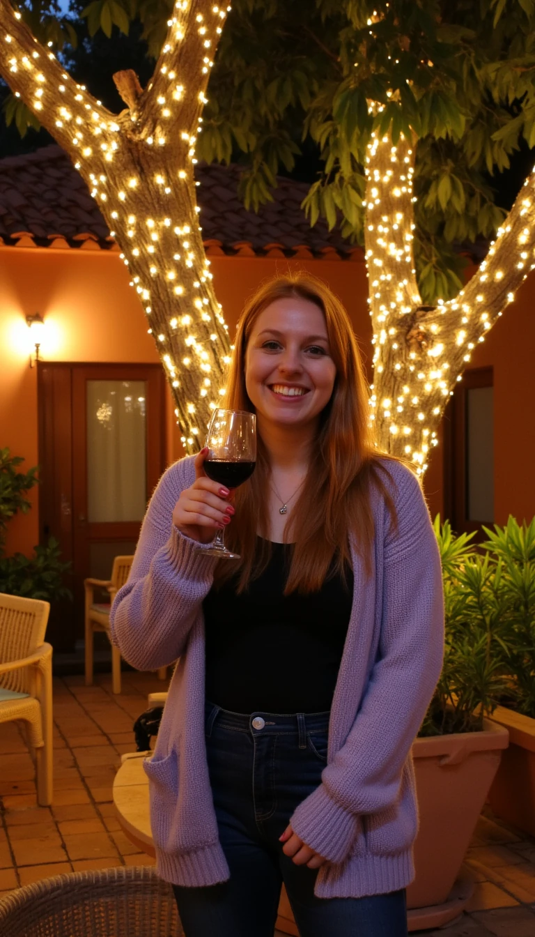A full body shot photo of a woman standing outdoors at a cozy, warmly lit patio in the evening, with soft, glowing lights wrapped around a tree behind them creating a charming atmosphere. The image is rich in detail, with warm tones and clear textures throughout. The woman has fair skin, a slim build, and long reddish-blonde hair, also worn loose. She is smiling warmly at the camera, holding a glass of red wine in her right hand, and wears a soft-textured lavender cardigan over a black top. The background features a large tree with sparkling string lights wrapped around its trunk and branches, adding a magical touch to the scene. The setting suggests a private outdoor seating area, with elements like terracotta-tiled roofing, greenery, and rattan chairs contributing to a serene, inviting vibe. The overall composition is balanced, with the woman framed against the softly glowing tree, and the lighting enhances the warm, intimate feel of a quiet evening shared among friends. The details are vivid, with textures of clothing, skin, and background elements clearly visible, while the warm lighting creates a relaxed and joyful mood