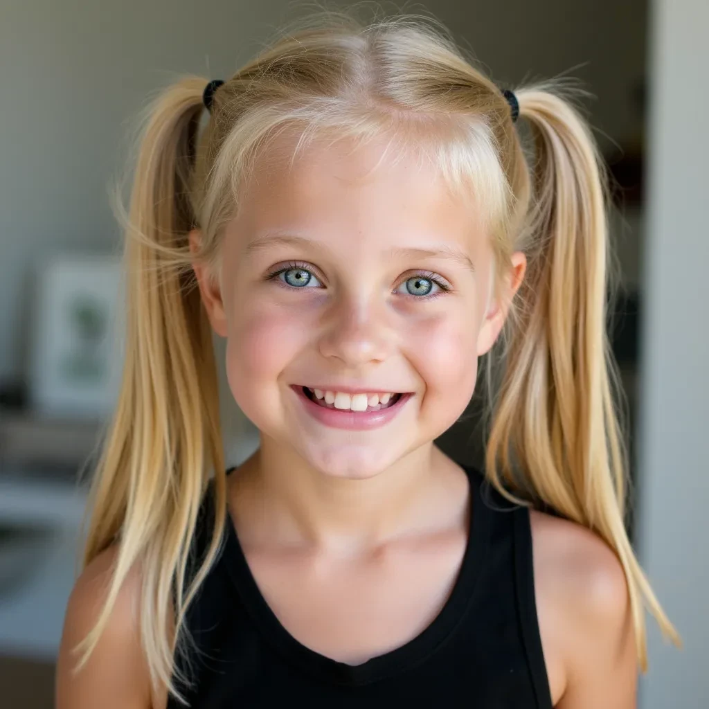 Young blue eyed white girl with long straight blonde hair in 2 pigtails smiling with bleach white teeth. She is wearing a black tank top 