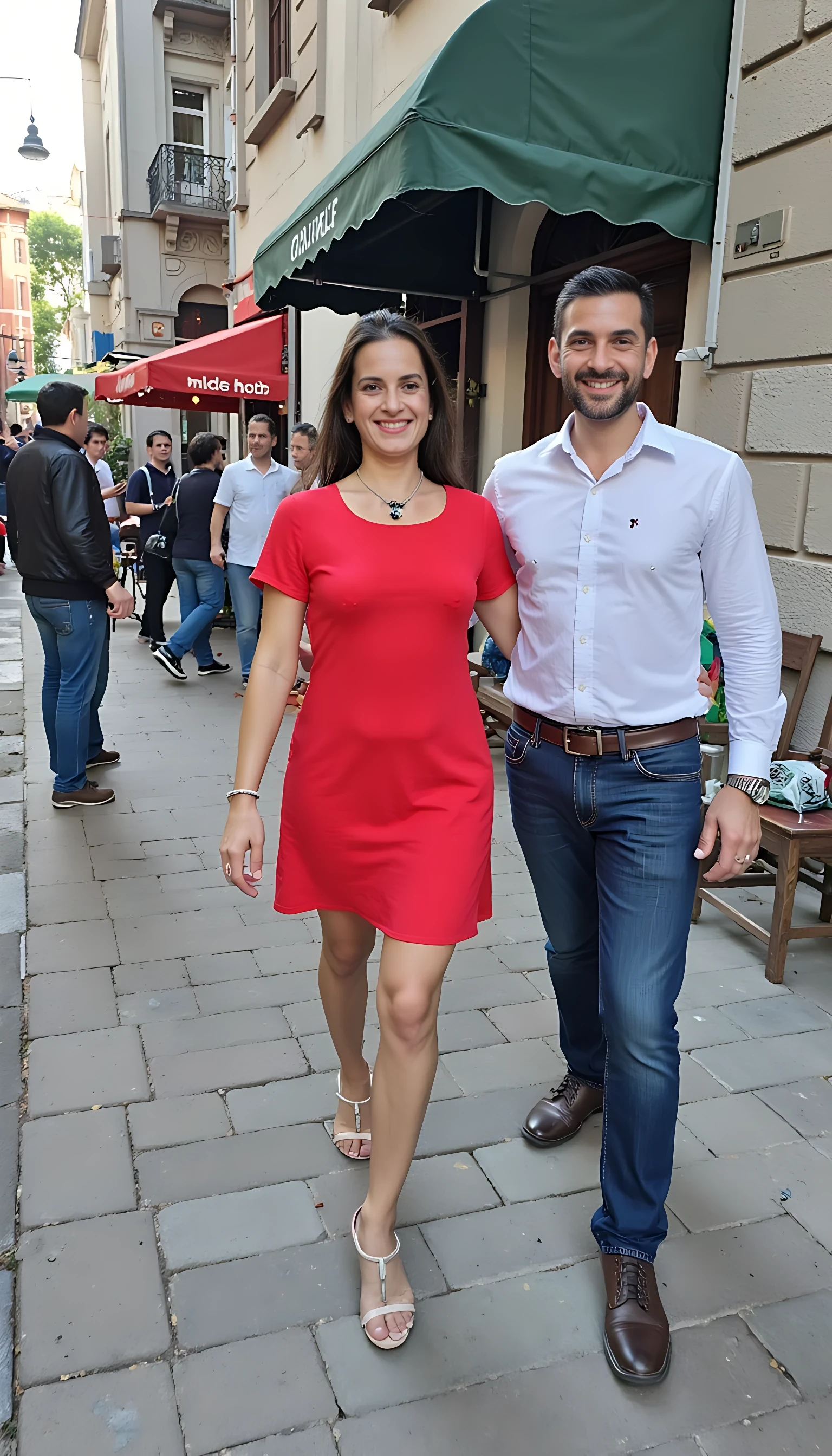 photo of brunette woman CSTMDL, boring low quality photo circa 1960, red short dress, walking on street of istambul with young handsome man, happy face