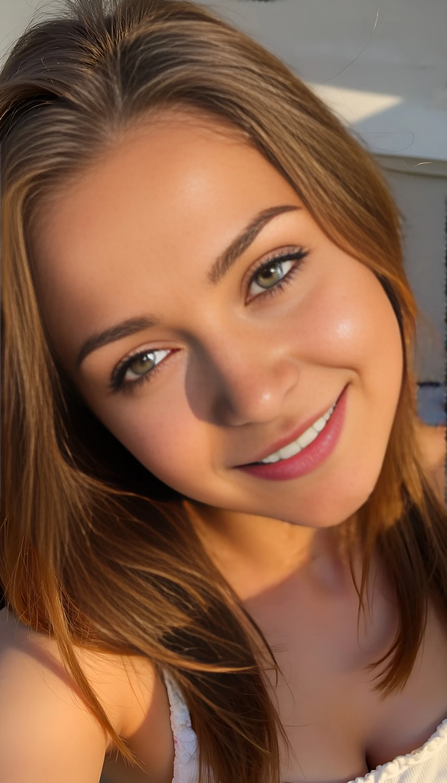 A high-angle selfie with her head tilted up, smiling with a soft wink. Hair falls around her face, glowing in sunset light.