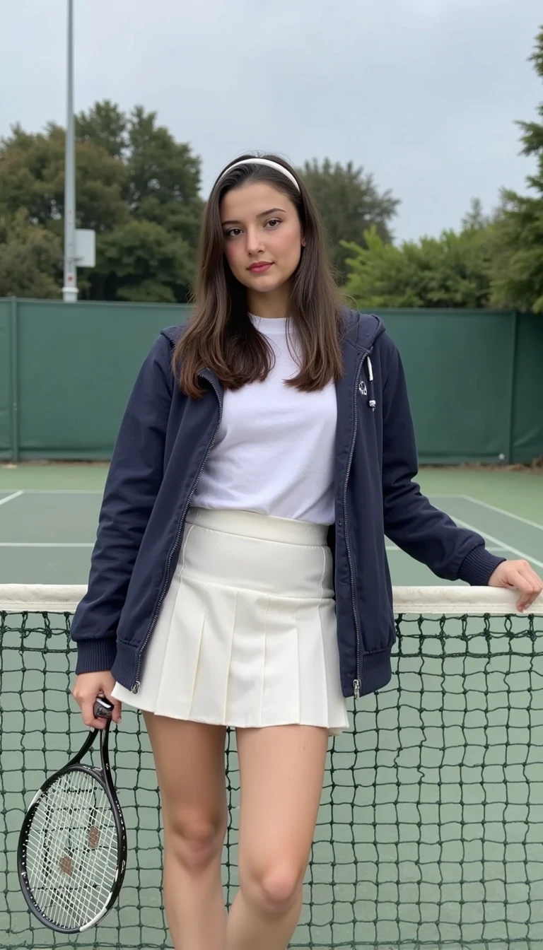 boring low quality snapchat photo circa 2015 of CSTMDL, Young woman, 20s, posing on a tennis court.  She wears a white pleated tennis skirt, a white t-shirt, and a navy blue jacket.  Long brown hair. Casual, sporty outfit.  Her expression is calm and neutral.  She stands with her legs slightly apart, leaning on the tennis net.  She holds a tennis racket.  Her hair is pulled back in a white headband. Light-brown skin tone.  Natural-looking skin.  White tennis shoes.  Tennis court with a green court surface.  Green mesh tennis net.  Background features a light-gray sky and some greenery, including trees and bushes behind the court, blurred slightly, giving depth of field.  Outdoor setting.  Full shot, slightly low-angle perspective.  Soft, diffused daylight.  Muted color palette.  The image has a calm, serene, and relaxed mood.  Contemporary, casual, and fashionable style.  Sports-themed. Tennis attire.  Slight emphasis on fashion details.  Natural, calm light.  Neutral-toned background.