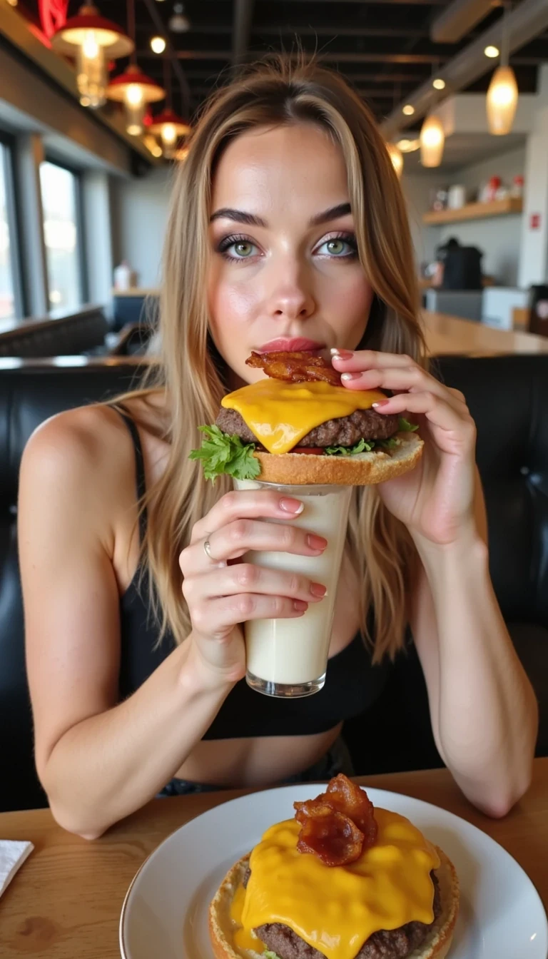 IMG_1343.HEIC, CSTMDL woman, sitting in burger bar, drinking vanilla milkshake, eating double cheese bacon burger, wearing a modern crop top, 
low-quality Snapchat 