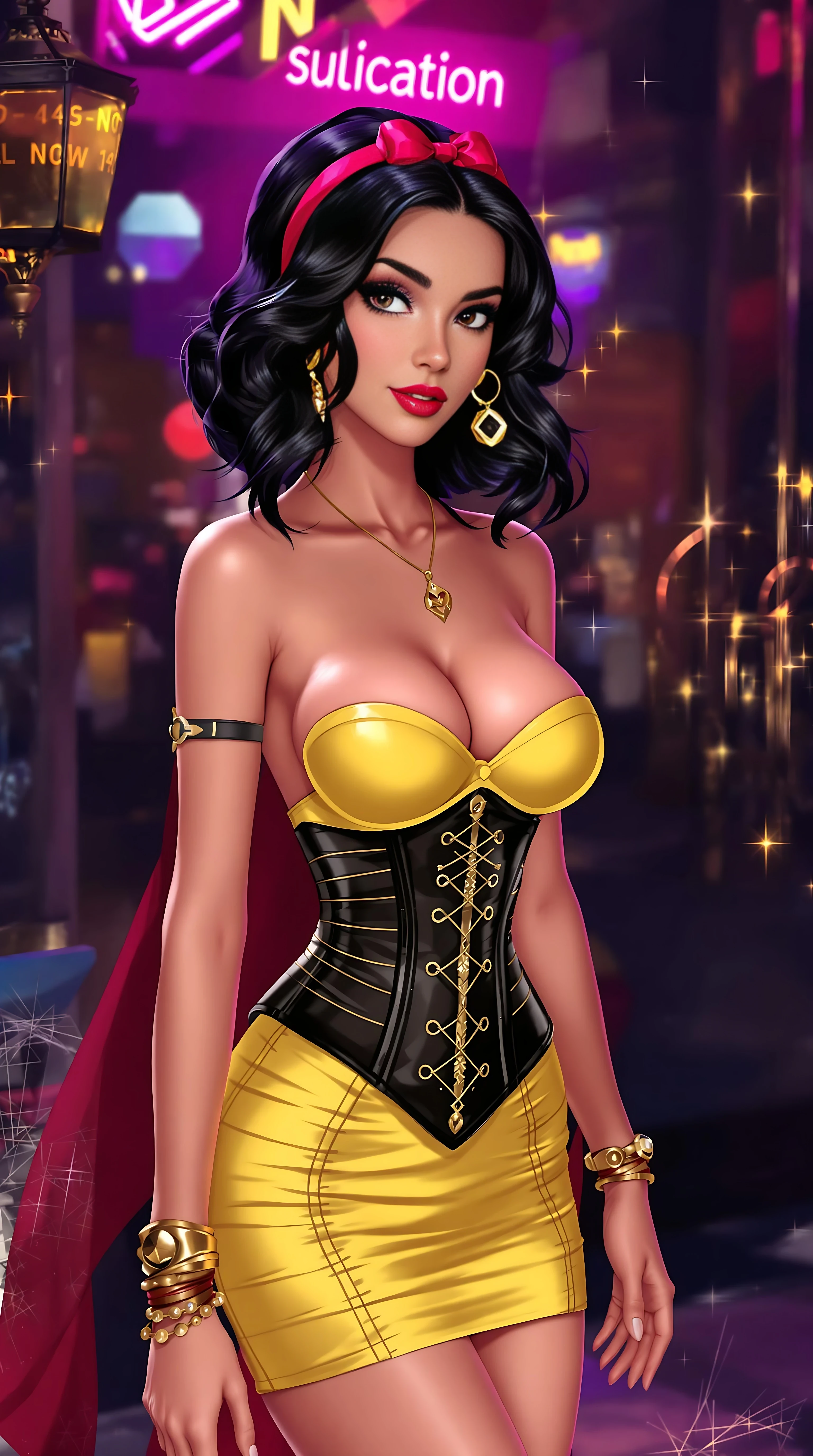 Digital ai art illustration, A modern Disney princess snow white, shes wearing a skin-tight strapless backless corset inspired-style top and a skin-tight short micro tube short skirt, gold armlet, cute bracelet, flat stomach, full ultra-glossy lips, super thin outfit fabric, disney princess snow white was spotted leaving a nightclub tonight, her heels with ankle straps giving her a sluty walk, name necklace, 