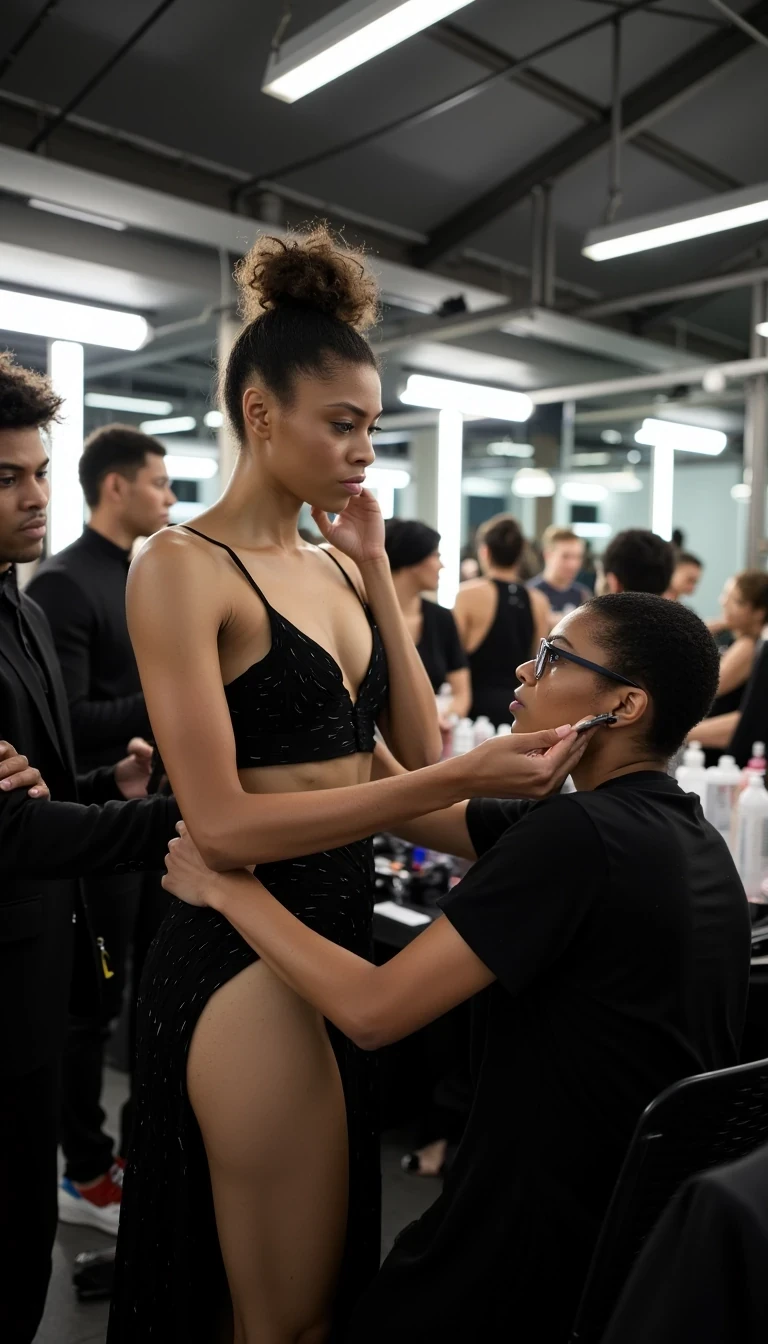 Backstage Energy
Shot on Leica Q3, 28mm f/1.7, ISO 3200, 1/250 sec. Behind-scenes documentary style. Model getting final touches in Balenciaga avant-garde piece. Natural skin texture visible under makeup station lights. Mixed lighting: fluorescent overheads + makeup mirrors creating dimensional light on face. Busy atmosphere: stylists, makeup artists in motion blur. Authentic moment capturing pre-show intensity.
 CSTMDL