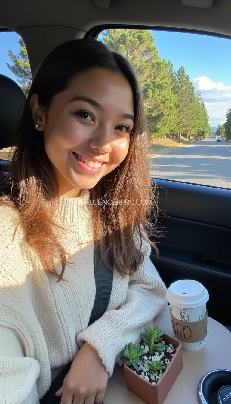 boring low quality snapchat photo circa 2015, A young woman with a warm smile, sitting in the driver's seat of a cozy car. She has soft, wavy brown hair cascading past her shoulders. The sunlight streams through the window, casting a gentle glow on her face. The interior of the car is neat and comfortable, with a coffee cup in the cup holder and a small plant on the dashboard. The background outside the window shows a scenic road lined with trees and blue skies