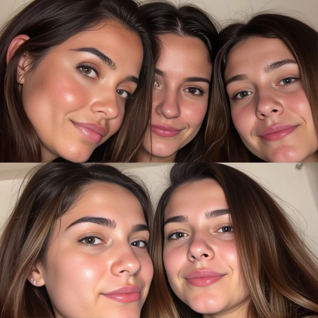 boring low quality snapchat photo circa 2015, four look alikes of her together all brunettes with identical features, kissing

Use realistic facial features, natural body proportions, soft lighting, real textures, and a grounded, believable indoor setting. Avoid distortion or over-smoothing.