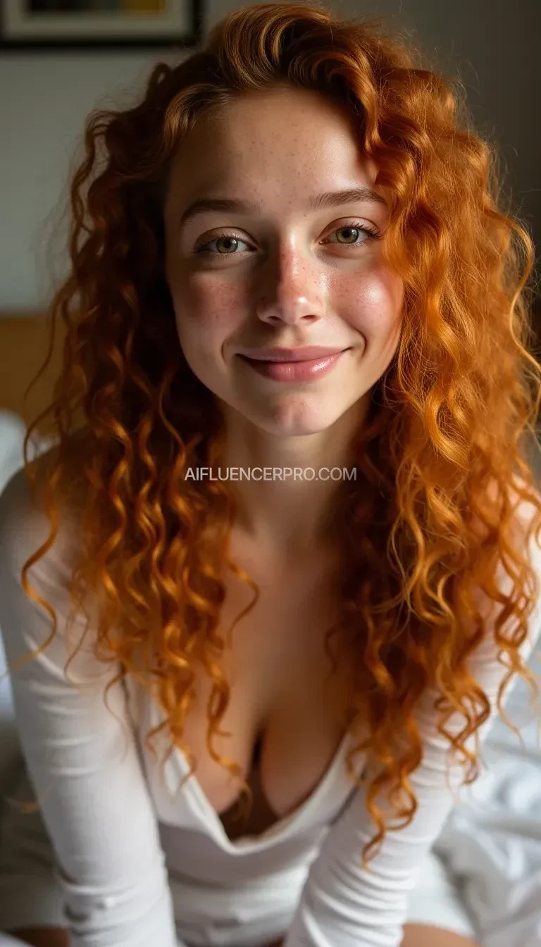 Portrait photograph of a young teen, long curly ginger hair, natural skin with freckles. beautiful light hazel eyes, perfect eyes, soft slender body freckled skin, gorgeous smile with seductive eyes  sitting on a messy bed, white sheets, bright morning light, cinematic, extremely intricate details
