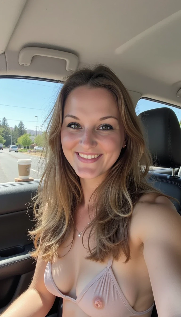 CSTMDL,  boring low quality snapchat photo circa 2015, A young woman wearing a bikini top, with a warm smile, sitting in the driver's seat of a cozy car. She has soft, wavy brown hair cascading past her shoulders. The sunlight streams through the window, casting a gentle glow on her face. The interior of the car is neat and comfortable, with a coffee cup in the cup holder and a small plant on the dashboard. The background outside the window shows a scenic road lined with trees and blue skies