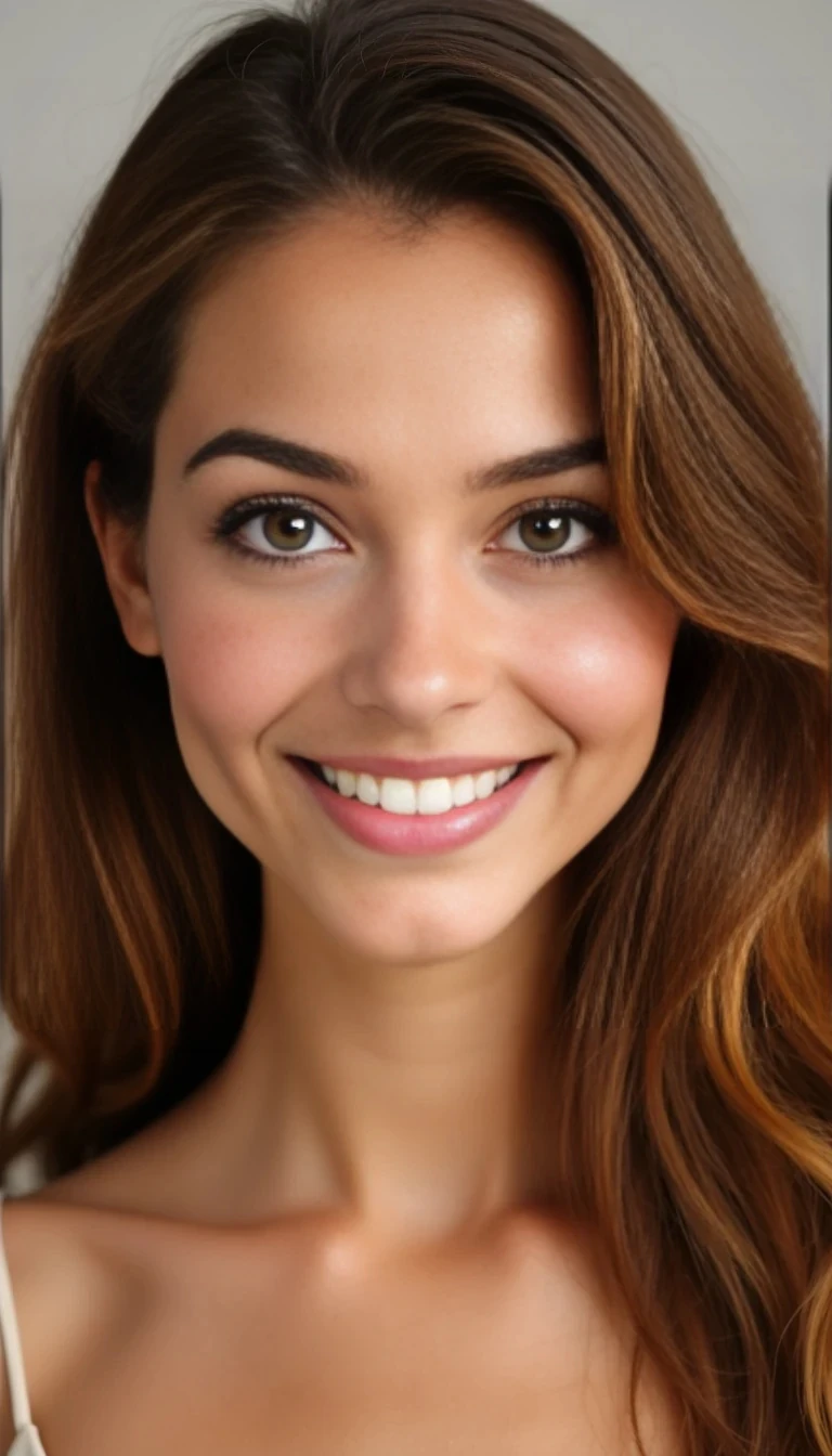 A stunning, symmetrical young woman with a heart-shaped face, glowing smooth skin with a warm beige tone, and high cheekbones. She has large, almond-shaped emerald green eyes with thick lashes and full, arched brows. Her nose is straight and narrow with a soft, lifted tip. She has full, heart-shaped lips in a natural rose pink color, and a defined jawline tapering to a delicate chin. Her hair is thick, long, and wavy — a rich chestnut brown with golden highlights. She smiles with straight white teeth and soft cheek dimples. Her neck is long and graceful, completing her elegant and youthful look.
