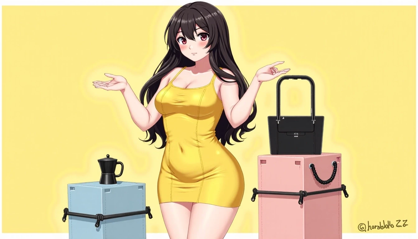CSTMDL,she should be an anime girl, anime girl,hentai,body like ava addams, big boobs, boobs pushed up, boobs pressed together, yellow sundress