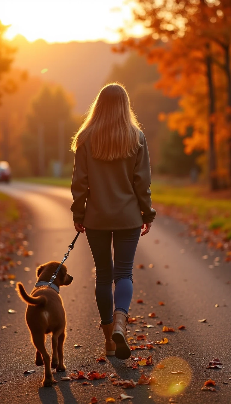 Young woman with soft light brown hair, seen in full body, walking outdoors with her dog on a scenic trail during autumn. She’s dressed in casual, comfortable clothing, with a cozy jacket and boots. The sun is low in the sky, casting a warm golden glow over her and her dog as they walk side by side, surrounded by fallen leaves and trees with vibrant orange and red foliage. Her dog, happily trotting along on a leash, looks up at her. The scene is peaceful and captures the joy of a simple outdoor walk with her loyal companion
